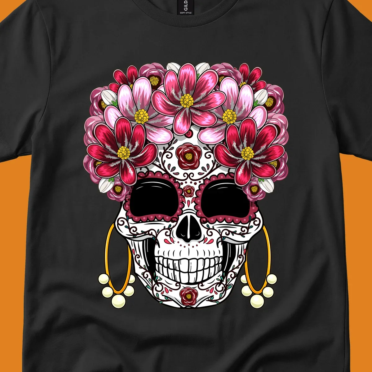An ornate calavera (sugar skull) with a large, elaborate pink and fuchsia flower crown and golden pearl earrings. This calavera-flower-crown design features intricate scrollwork and rose details.