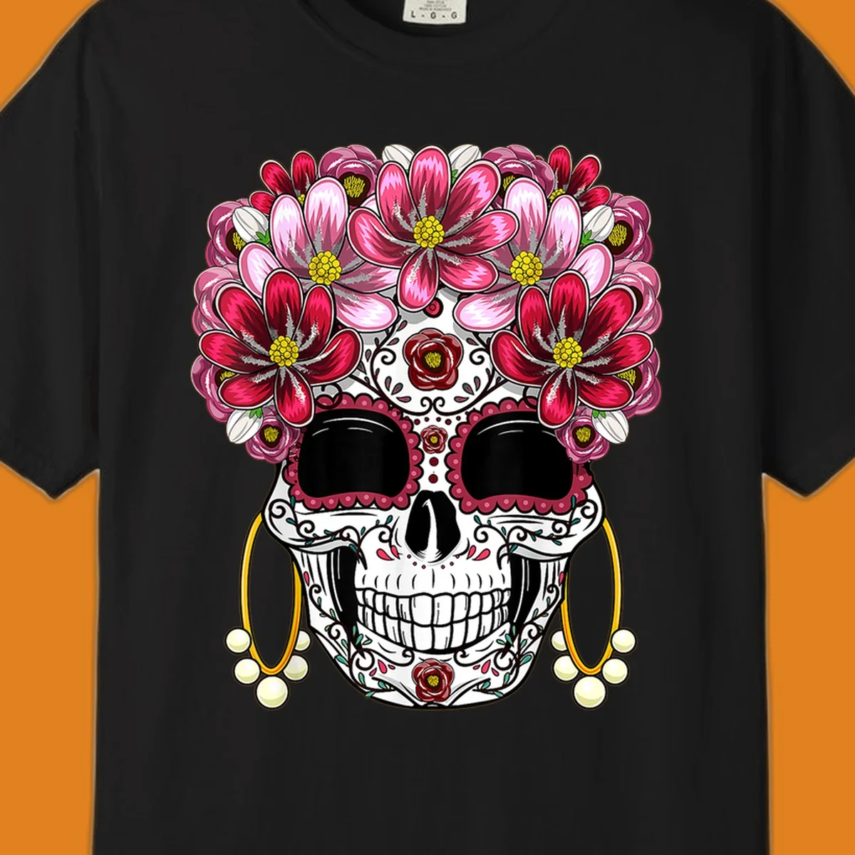 An ornate floral sugar skull with a crown of pink and red flowers, scrollwork, and pearl earrings on a black background.