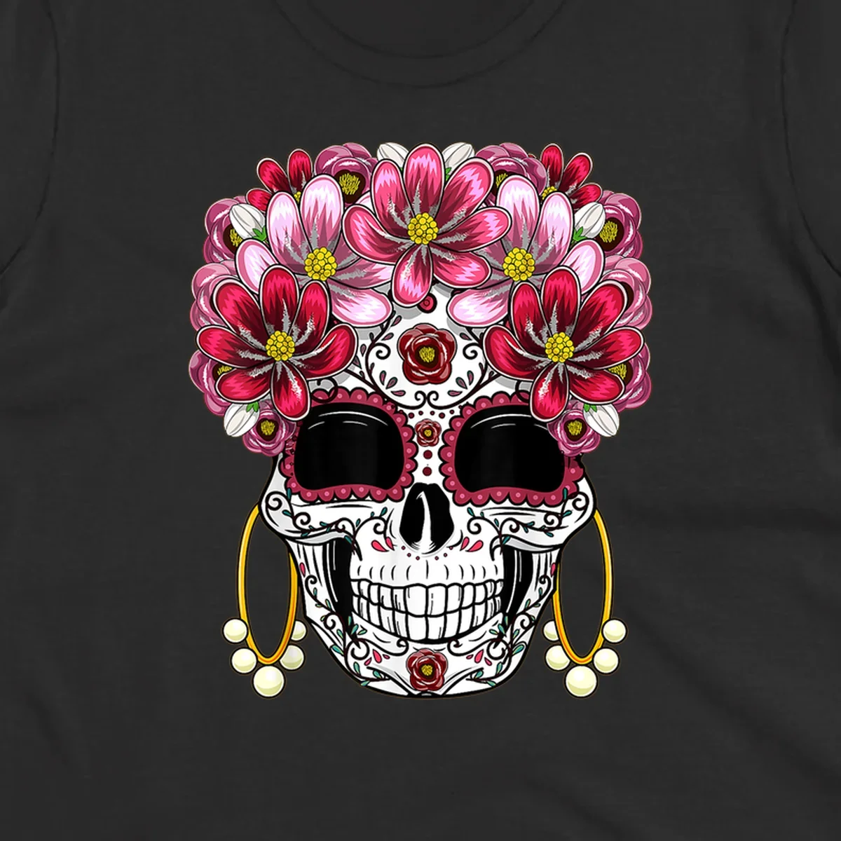 An ornate floral sugar skull with a crown of pink and red flowers, scrollwork, and pearl earrings on a black background.