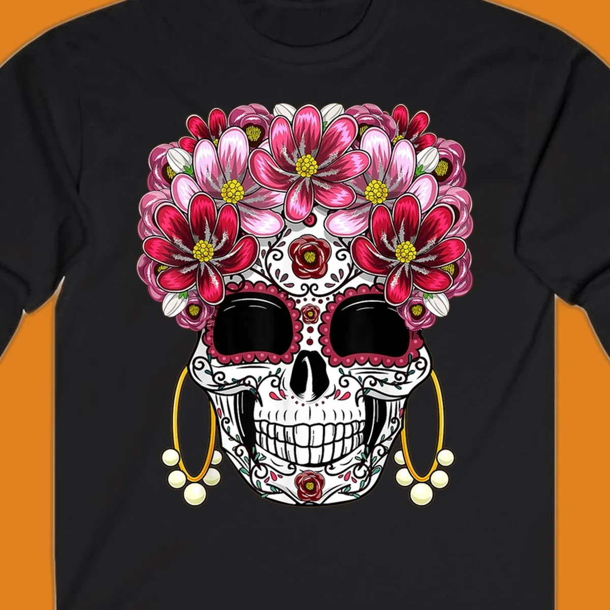 An ornate floral sugar skull with a crown of pink and red flowers, scrollwork, and pearl earrings on a black background.