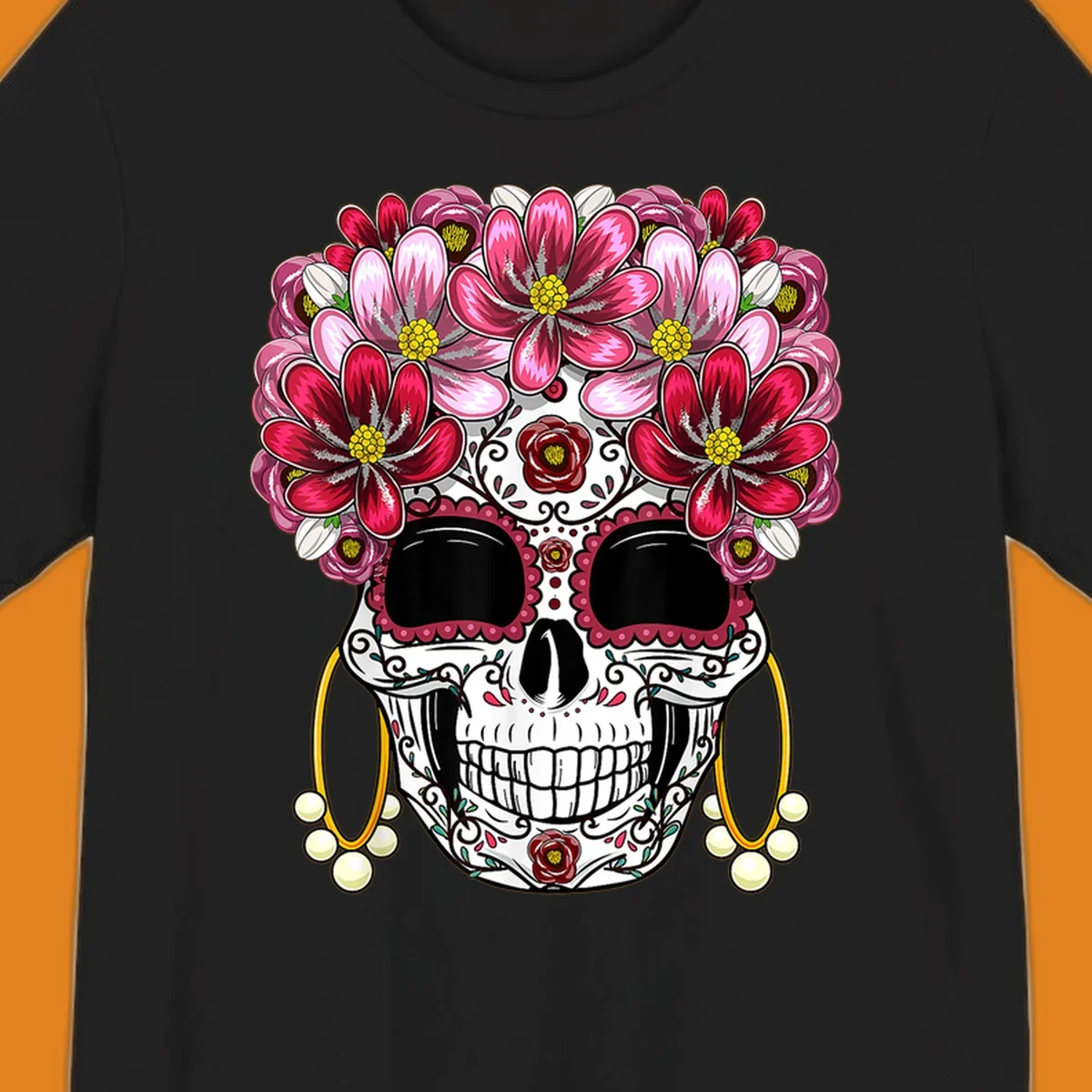 An ornate floral sugar skull with a crown of pink and red flowers, scrollwork, and pearl earrings on a black background.