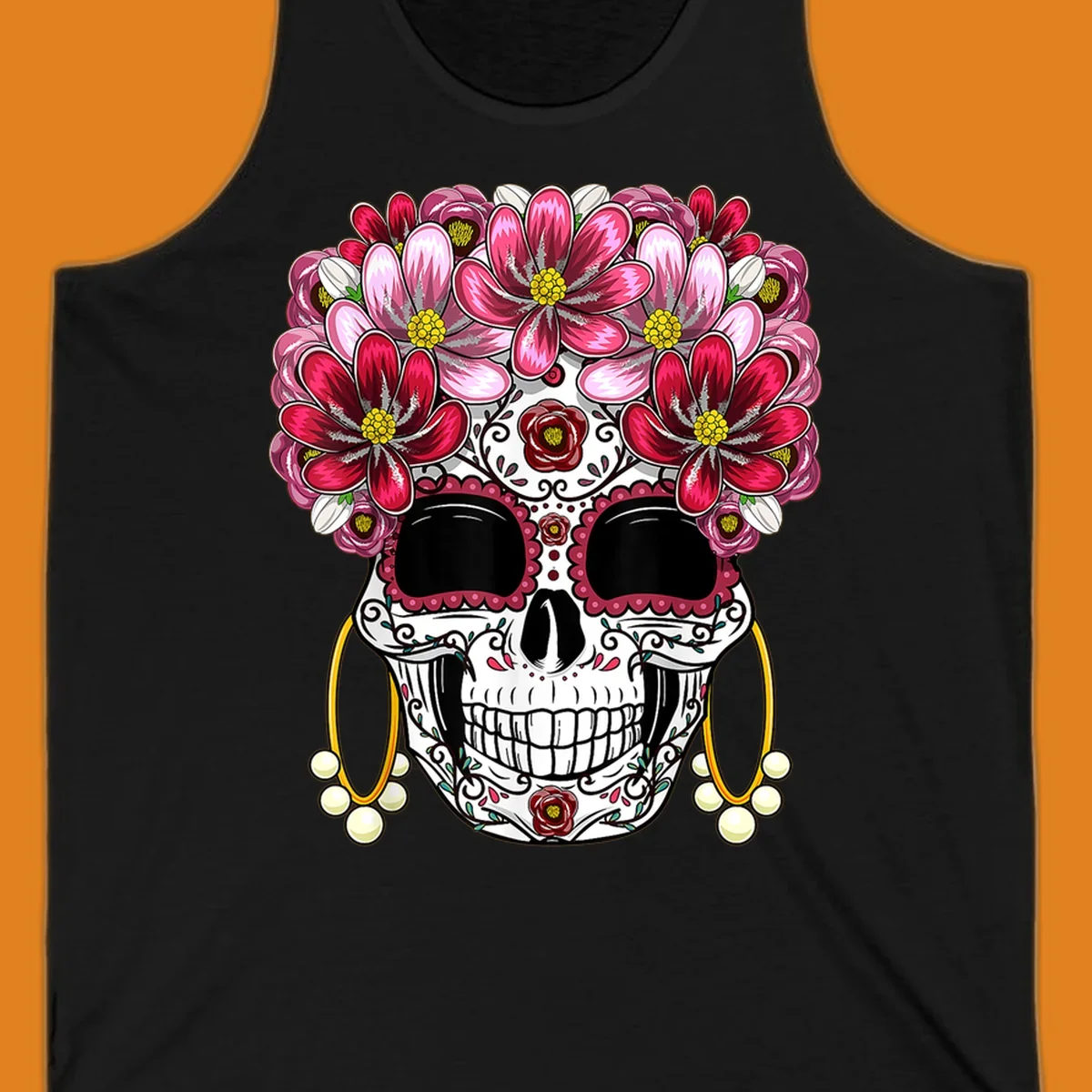 An ornate floral sugar skull with a crown of pink and red flowers, scrollwork, and pearl earrings on a black background.