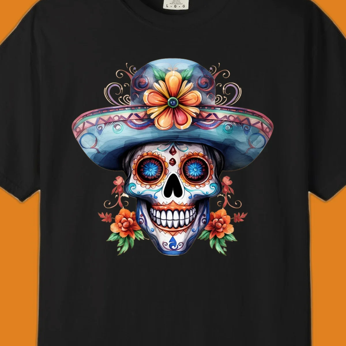 A vibrant sugar skull sombrero illustration with colorful floral patterns and decorative swirls, embodying Day of the Dead art.