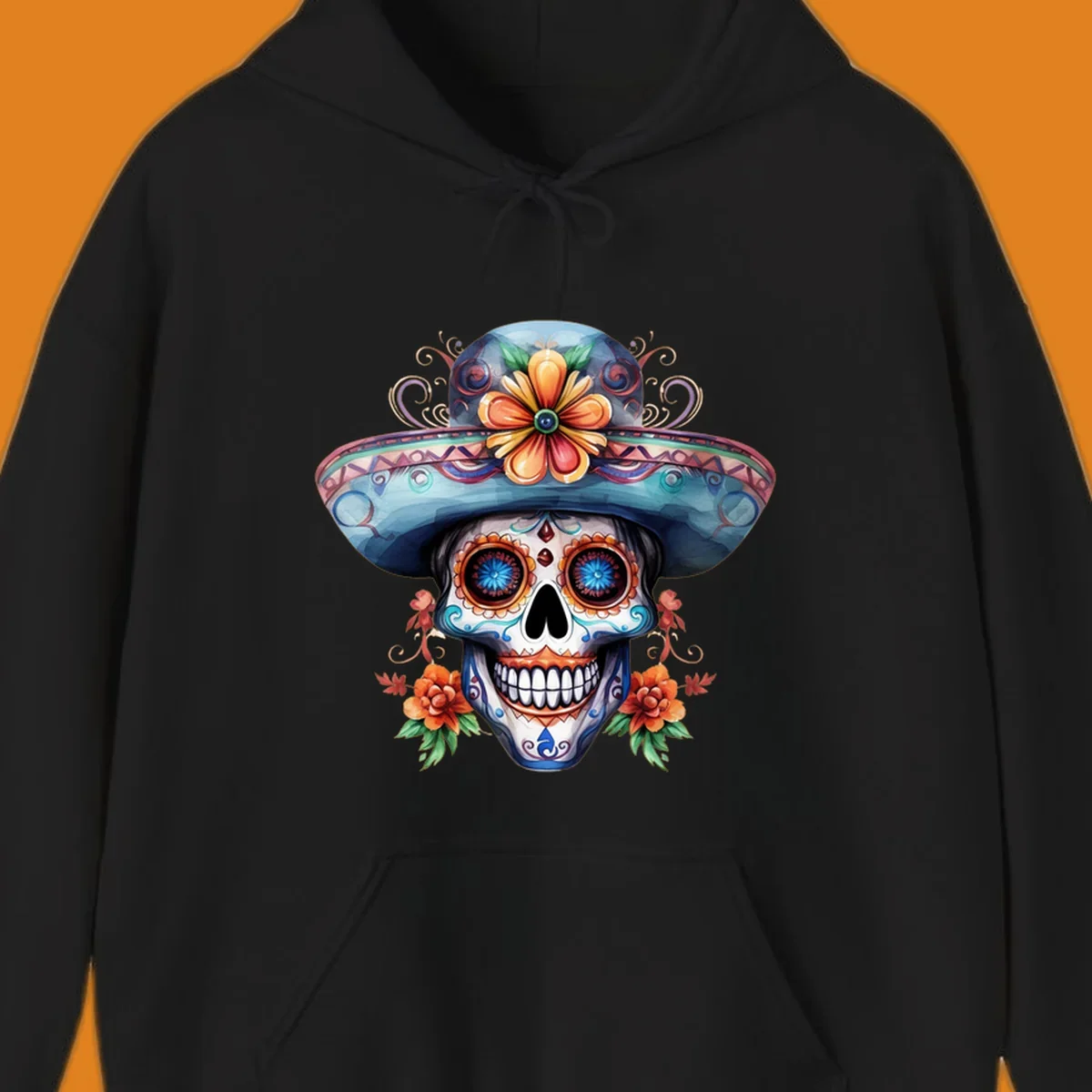 A vibrant sugar skull sombrero illustration with colorful floral patterns and decorative swirls, embodying Day of the Dead art.