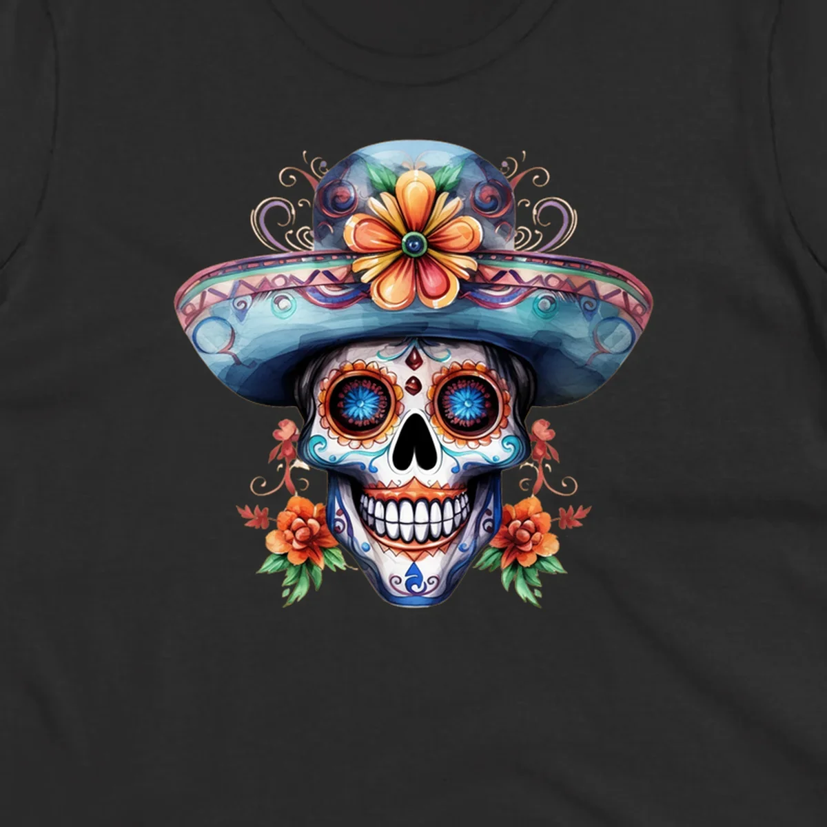 A vibrant sugar skull sombrero illustration with colorful floral patterns and decorative swirls, embodying Day of the Dead art.