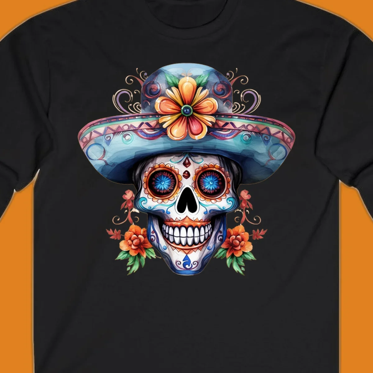 A vibrant sugar skull sombrero illustration with colorful floral patterns and decorative swirls, embodying Day of the Dead art.