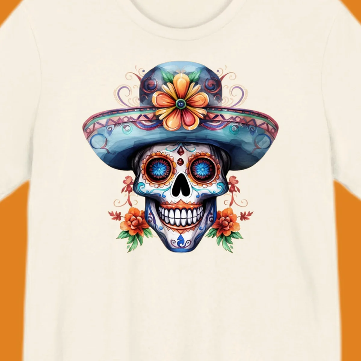 A vibrant sugar skull sombrero illustration with colorful floral patterns and decorative swirls, embodying Day of the Dead art.