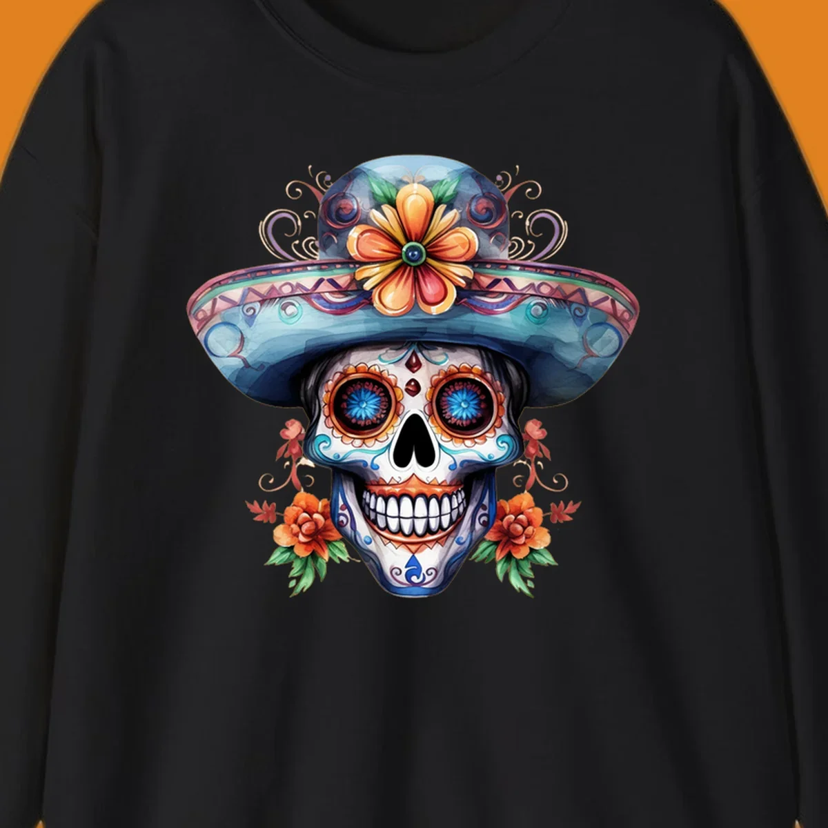 A vibrant sugar skull sombrero illustration with colorful floral patterns and decorative swirls, embodying Day of the Dead art.