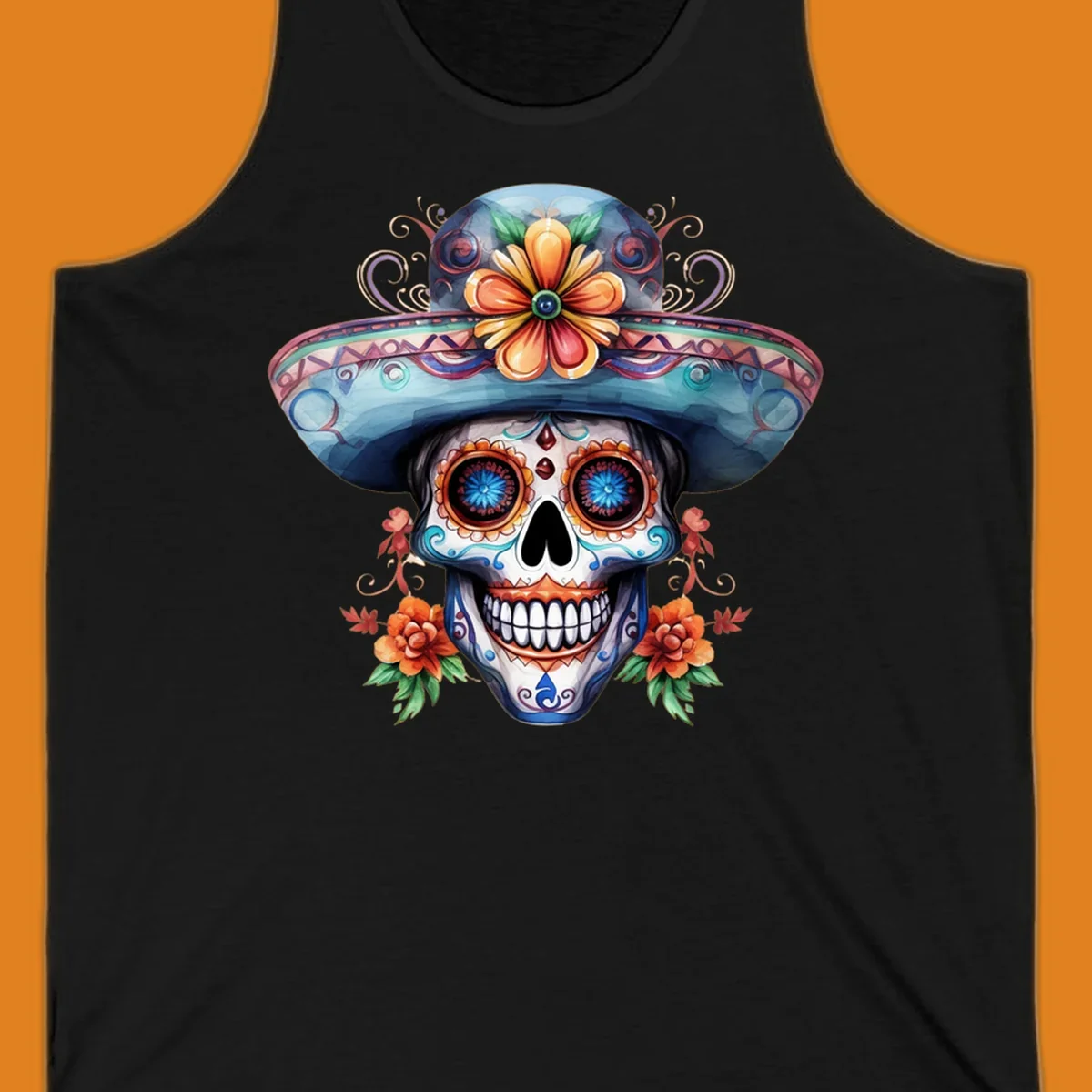 A vibrant sugar skull sombrero illustration with colorful floral patterns and decorative swirls, embodying Day of the Dead art.