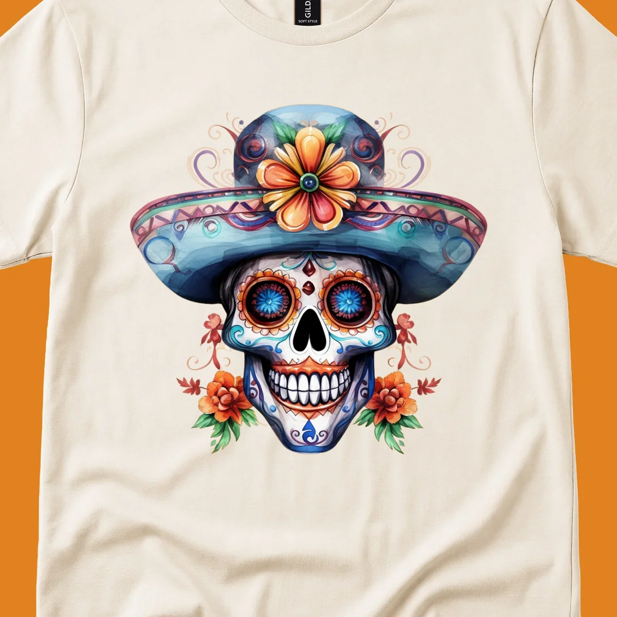 A vibrant sugar skull sombrero illustration with colorful floral patterns and decorative swirls, embodying Day of the Dead art.