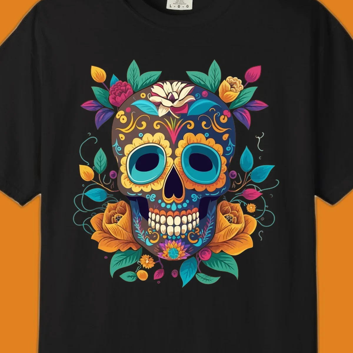 A vibrant floral sugar skull, or calavera, adorned with yellow, orange, pink, blue, and green flowers and swirls.