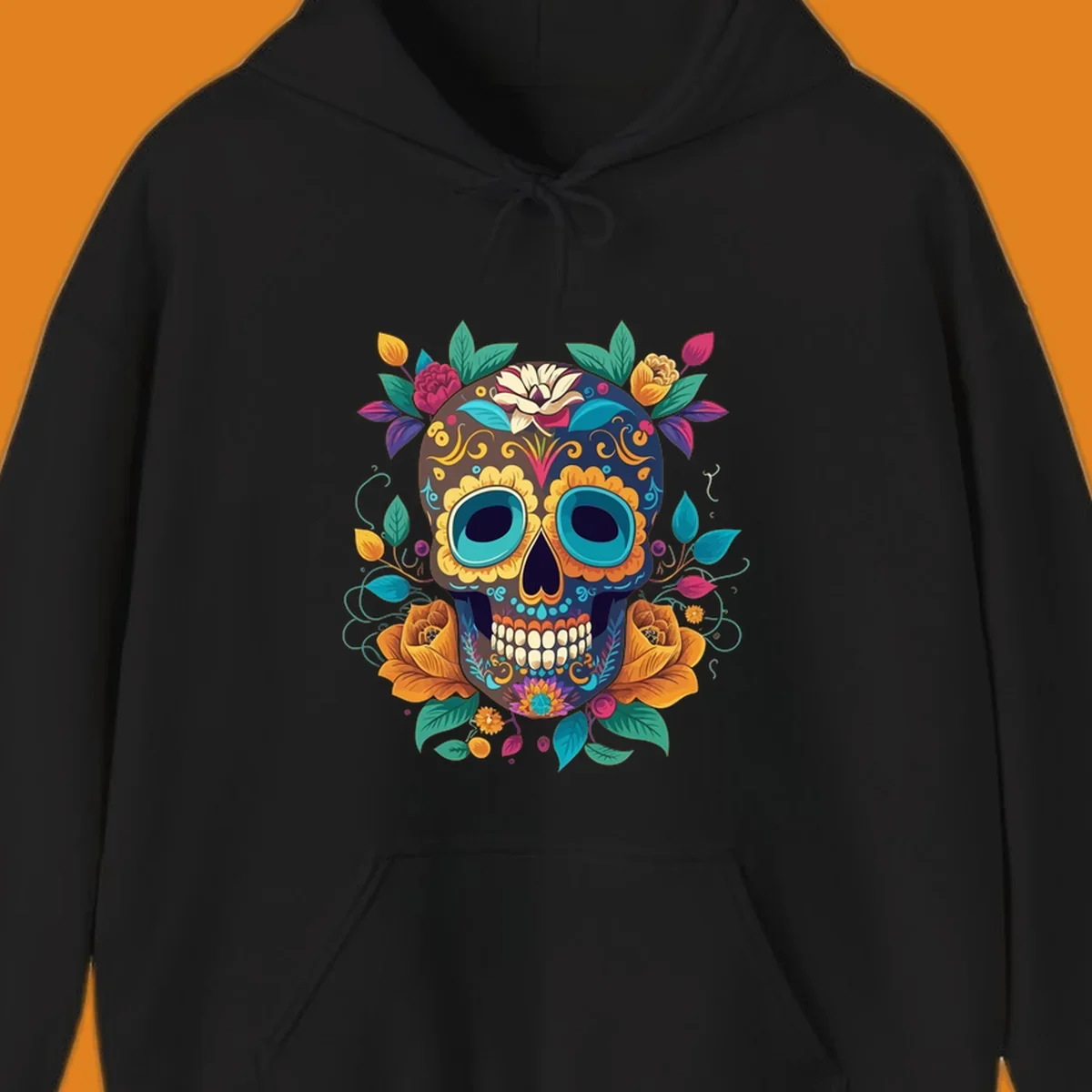A vibrant floral sugar skull, or calavera, adorned with yellow, orange, pink, blue, and green flowers and swirls.