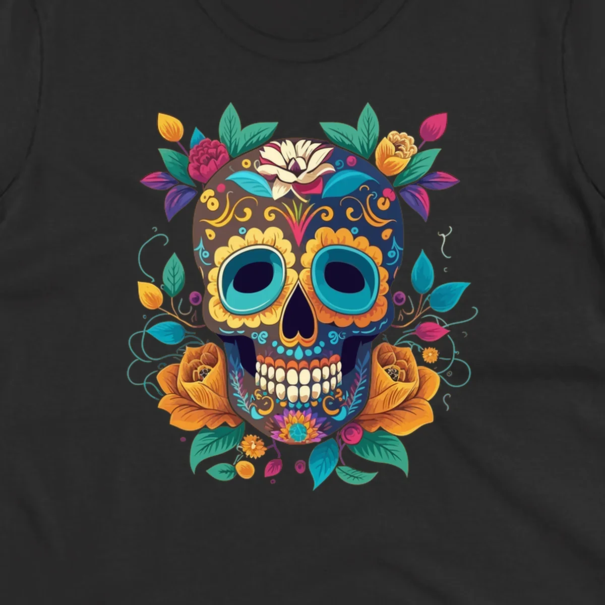 A vibrant floral sugar skull, or calavera, adorned with yellow, orange, pink, blue, and green flowers and swirls.