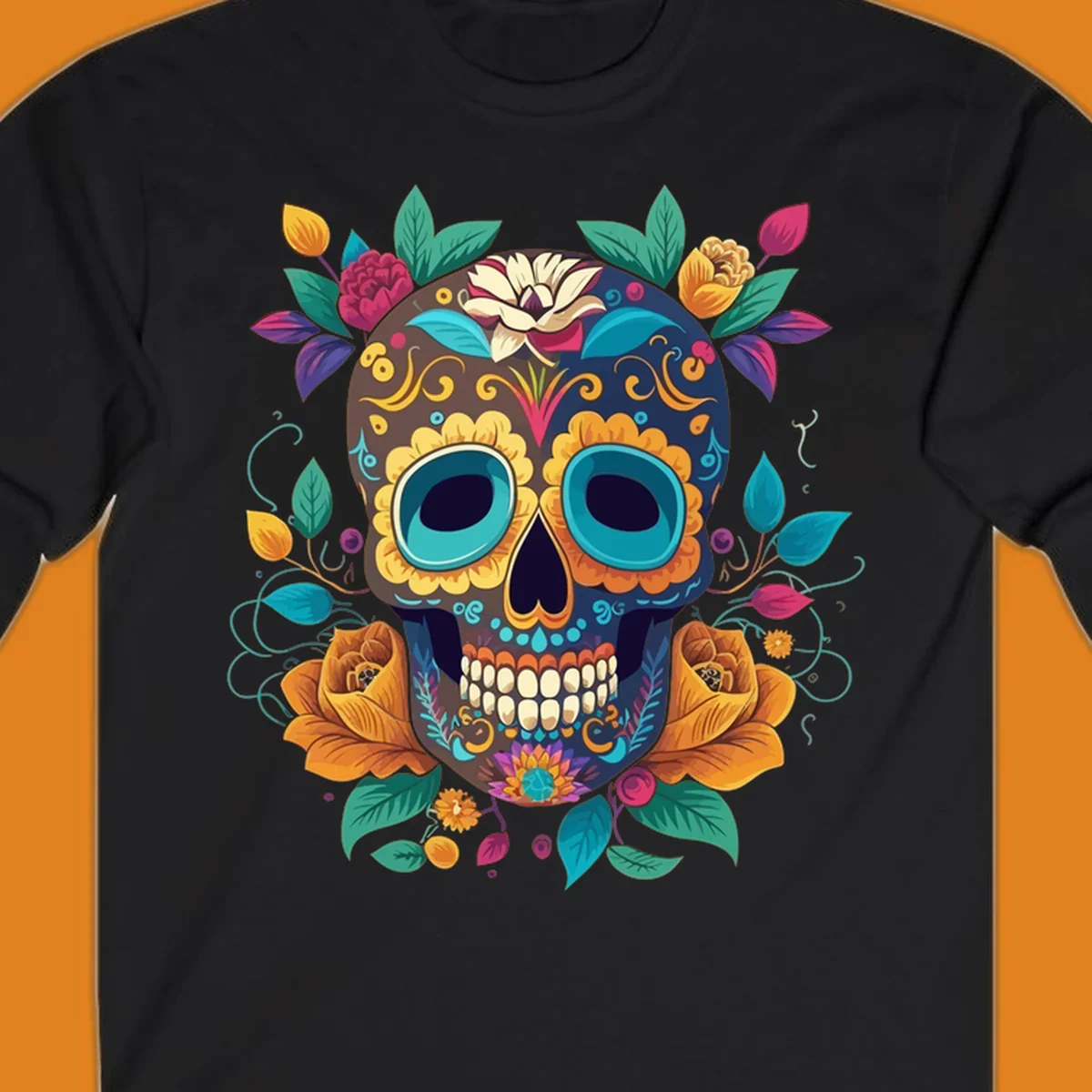 A vibrant floral sugar skull, or calavera, adorned with yellow, orange, pink, blue, and green flowers and swirls.