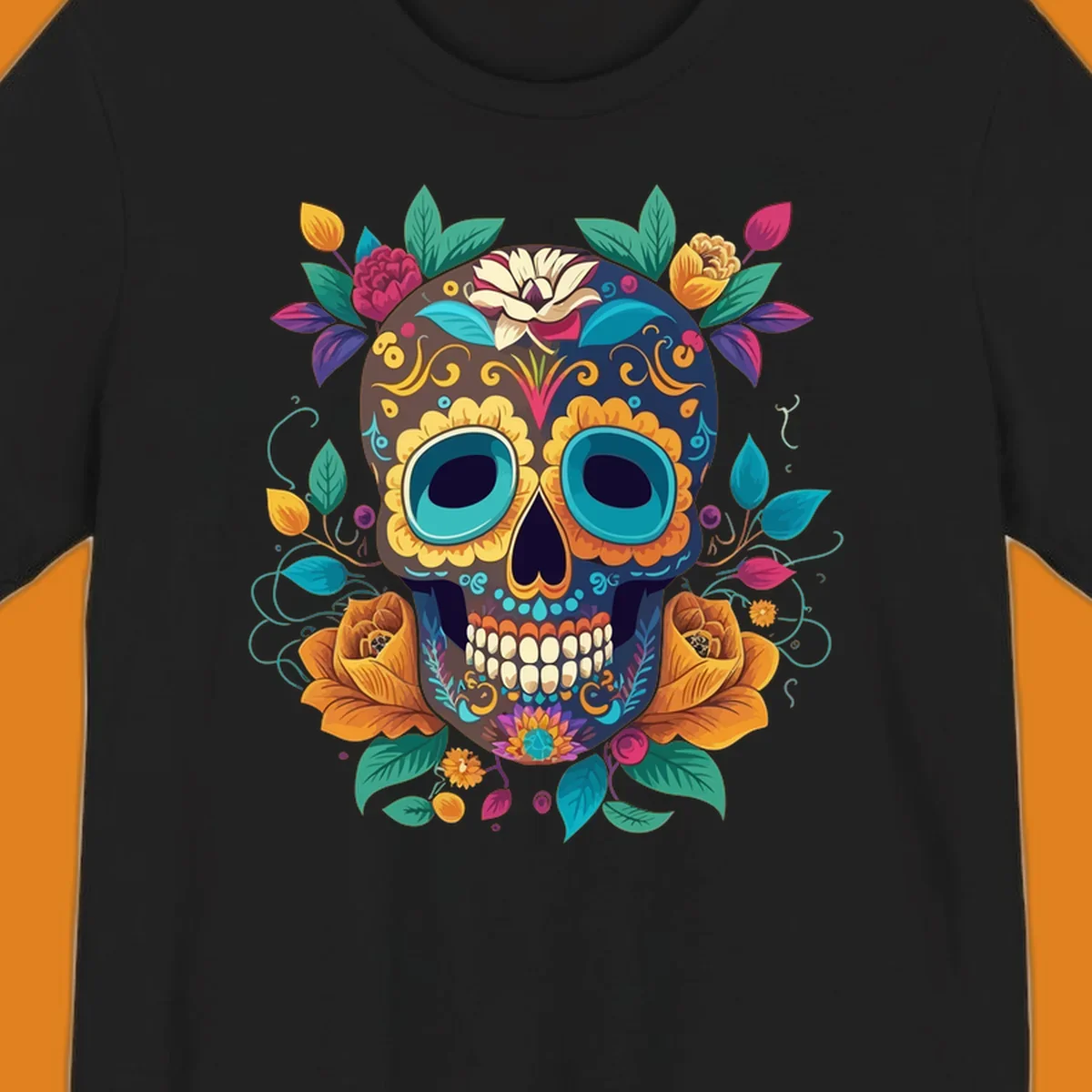 A vibrant floral sugar skull, or calavera, adorned with yellow, orange, pink, blue, and green flowers and swirls.