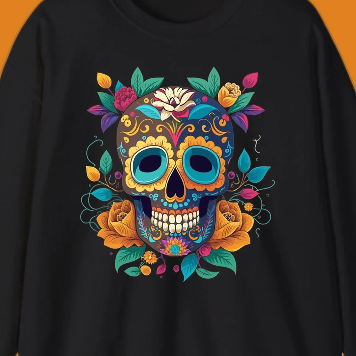 A vibrant floral sugar skull, or calavera, adorned with yellow, orange, pink, blue, and green flowers and swirls.