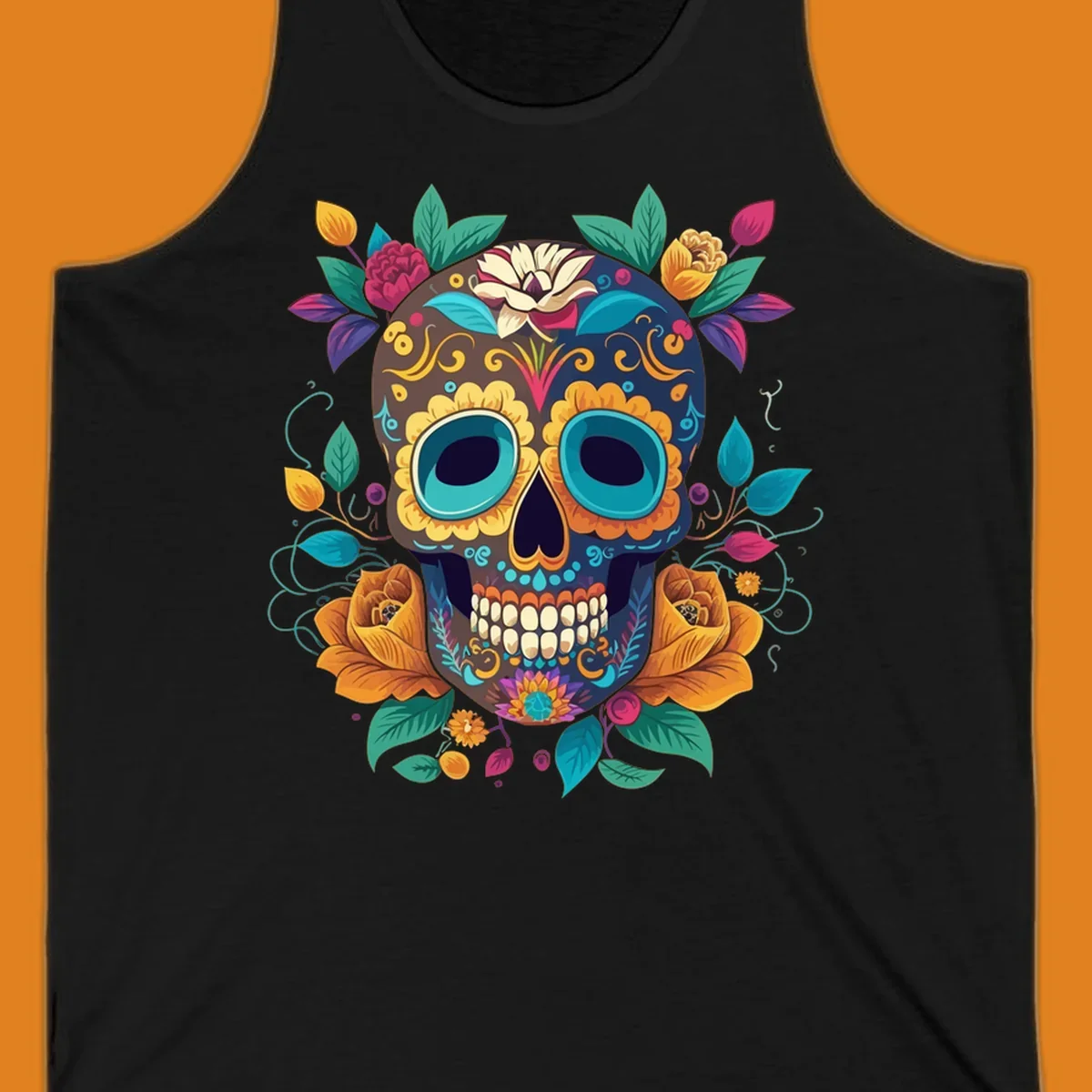 A vibrant floral sugar skull, or calavera, adorned with yellow, orange, pink, blue, and green flowers and swirls.