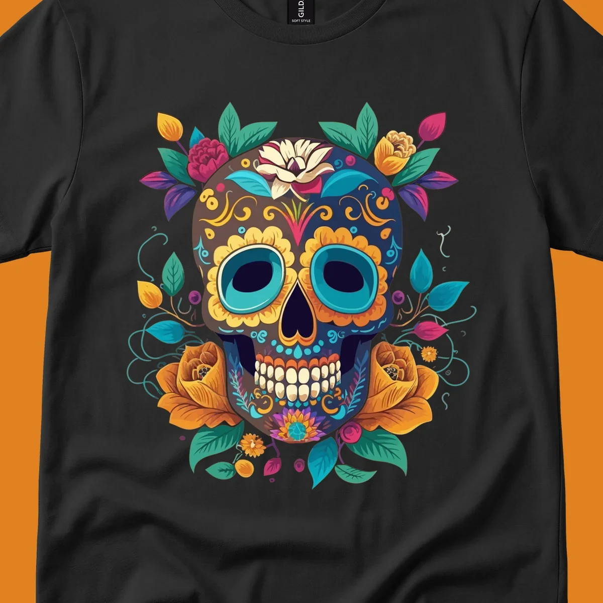 A vibrant floral sugar skull, or calavera, adorned with yellow, orange, pink, blue, and green flowers and swirls.