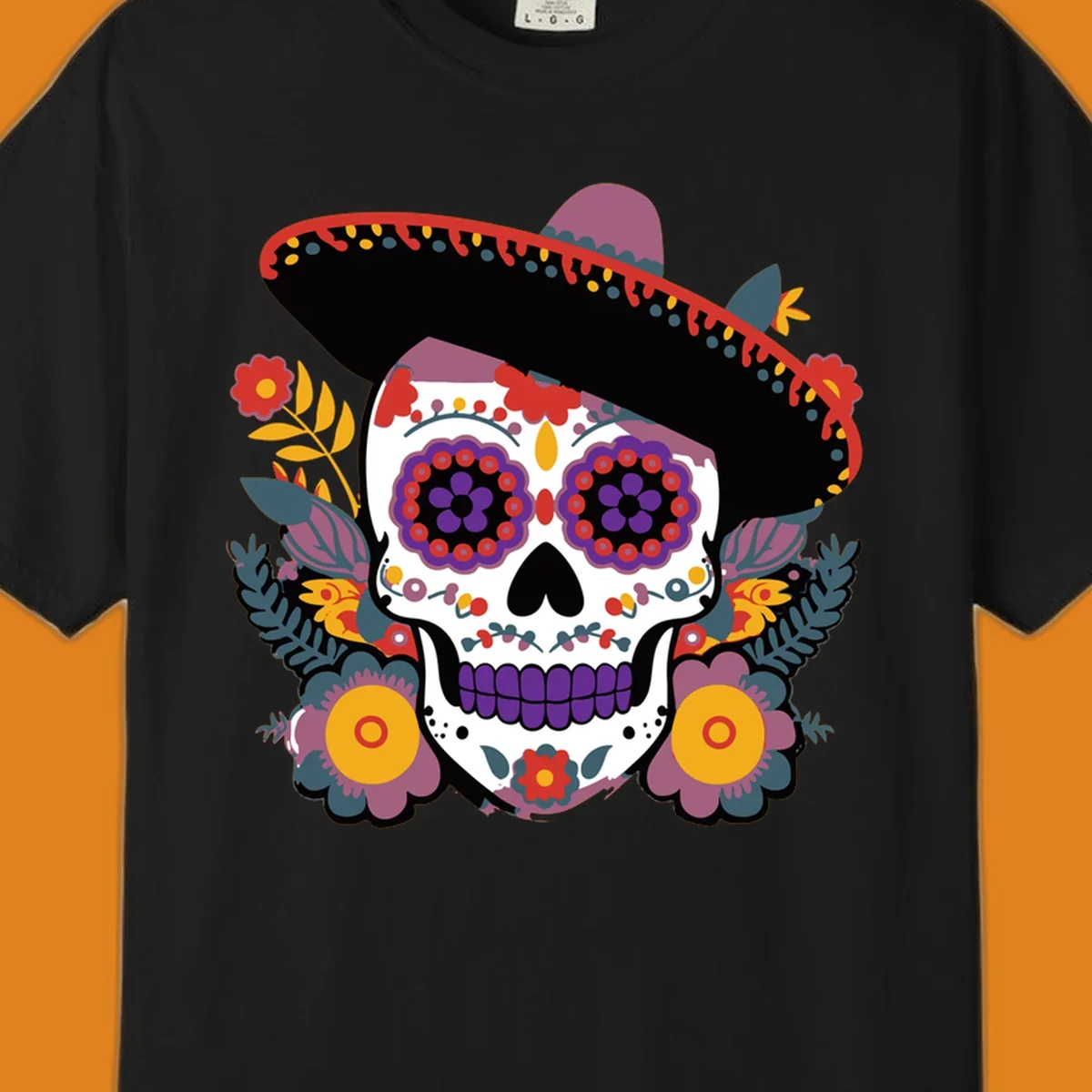 A vibrant calavera with a sombrero, adorned with colorful marigolds and traditional Mexican folk art patterns.