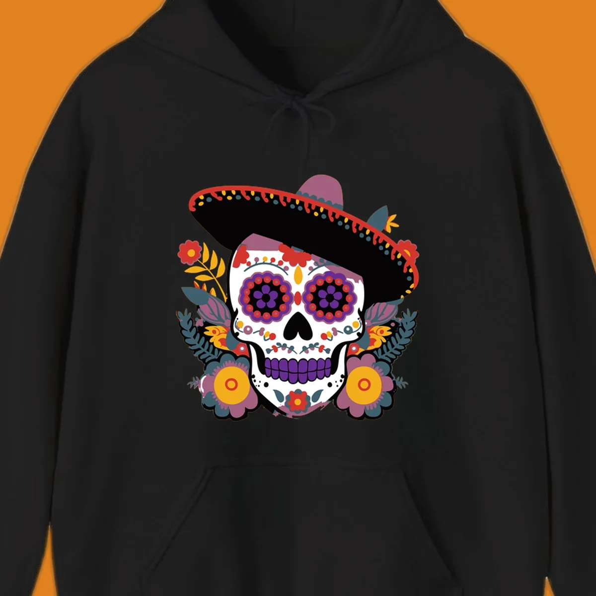 A vibrant calavera with a sombrero, adorned with colorful marigolds and traditional Mexican folk art patterns.