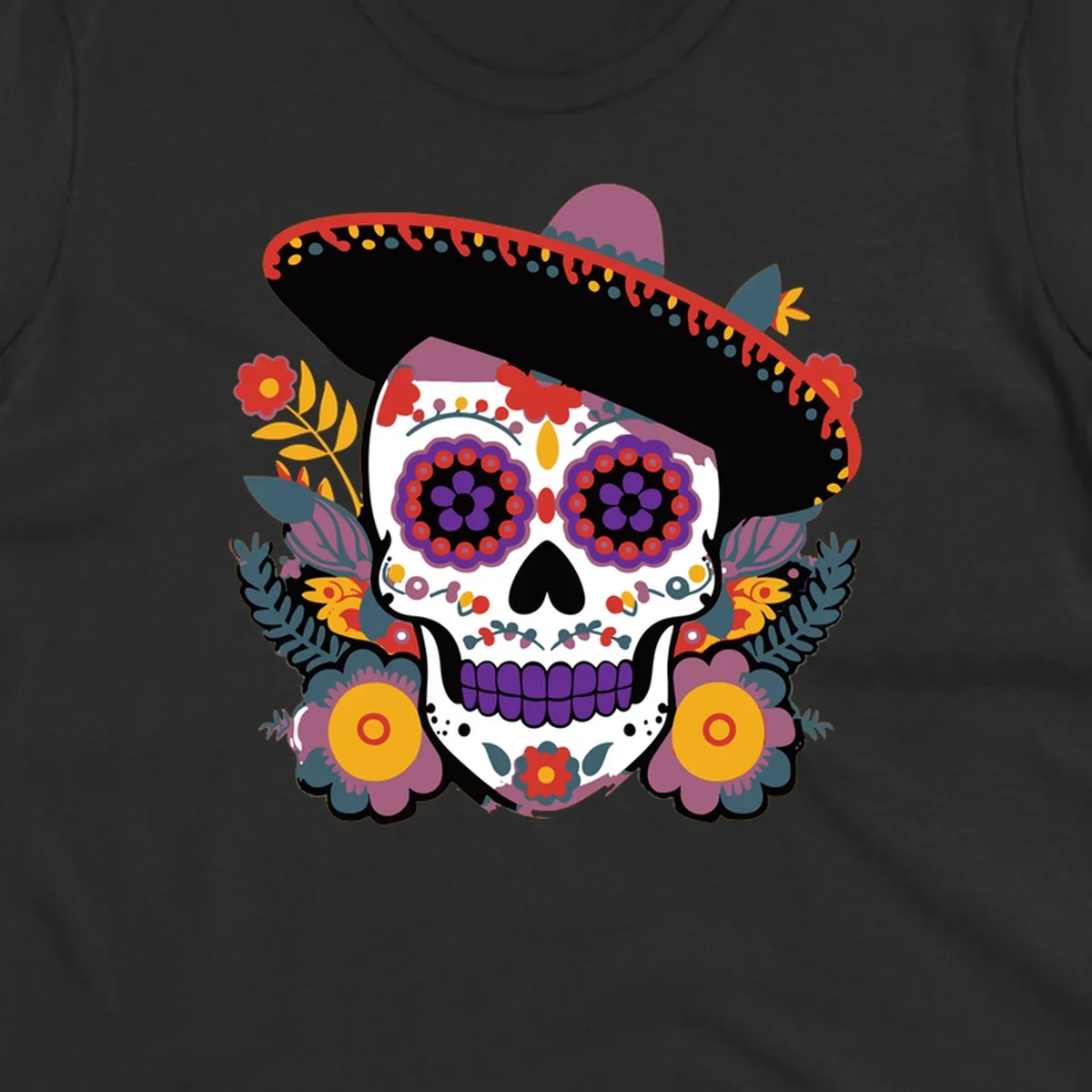 A vibrant calavera with a sombrero, adorned with colorful marigolds and traditional Mexican folk art patterns.