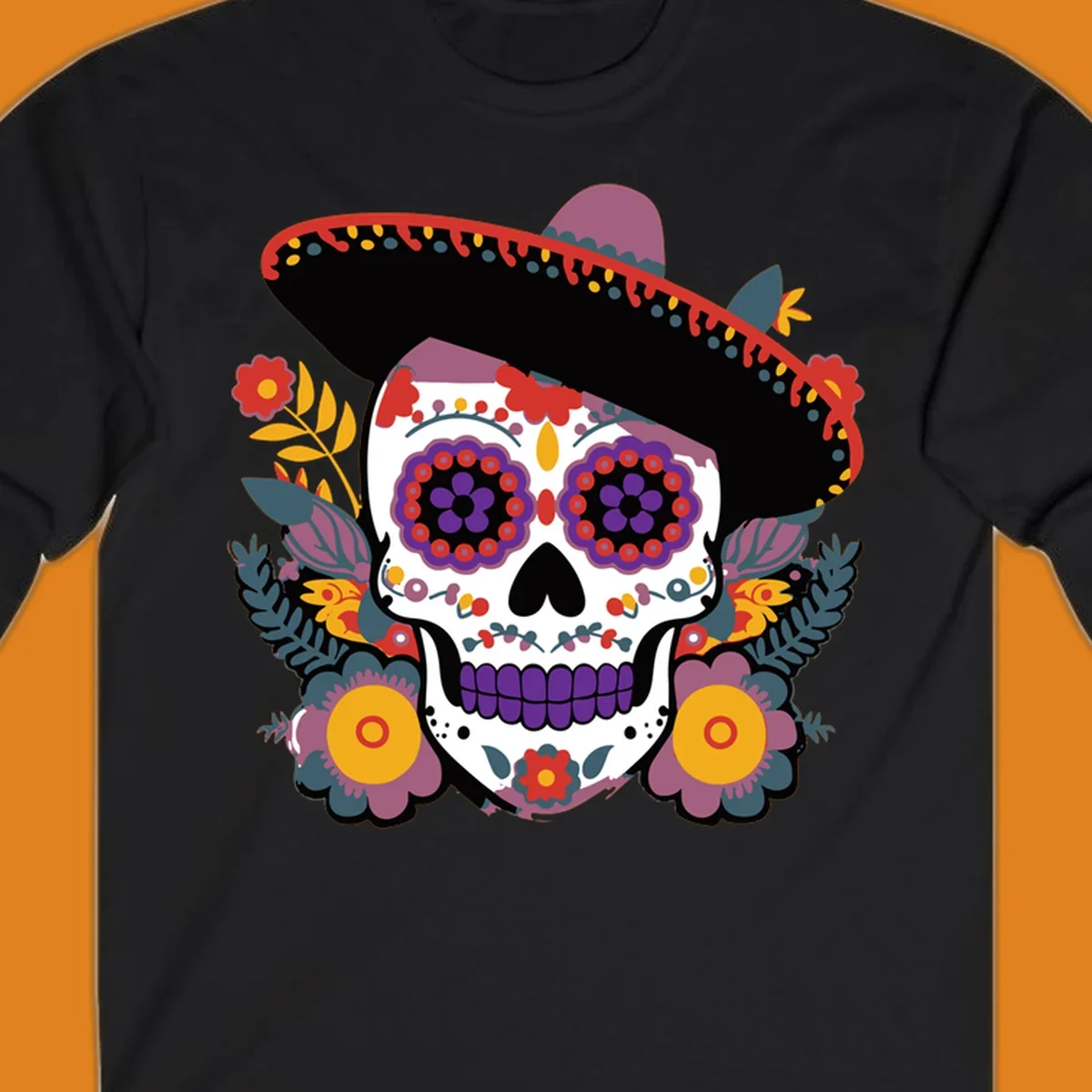 A vibrant calavera with a sombrero, adorned with colorful marigolds and traditional Mexican folk art patterns.
