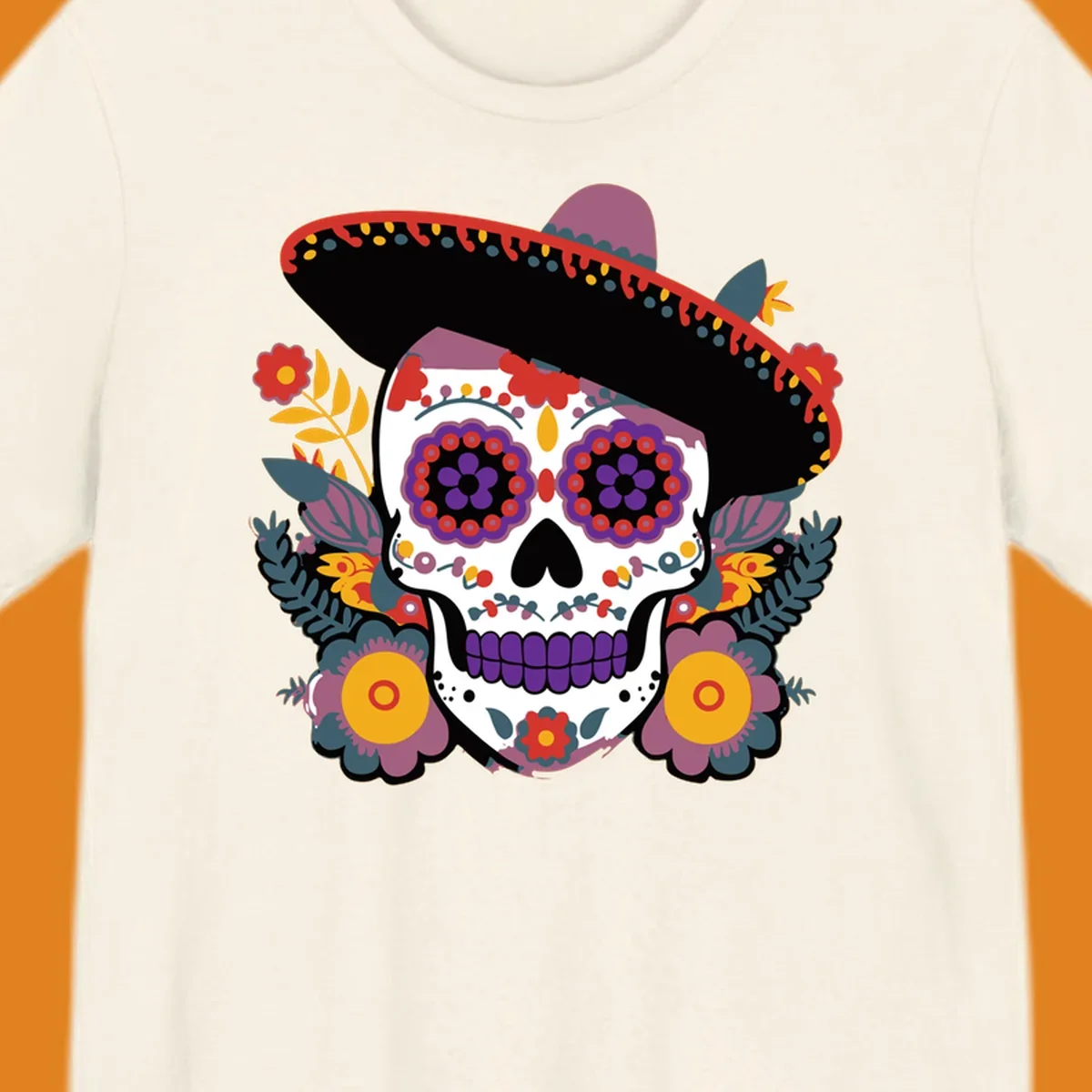 A vibrant calavera with a sombrero, adorned with colorful marigolds and traditional Mexican folk art patterns.