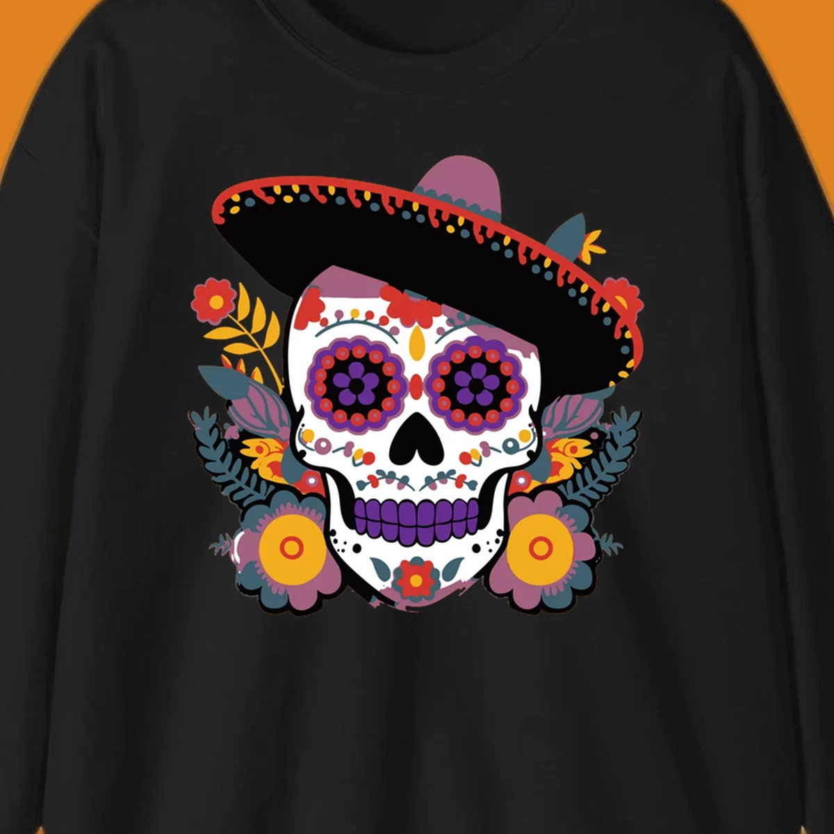 A vibrant calavera with a sombrero, adorned with colorful marigolds and traditional Mexican folk art patterns.