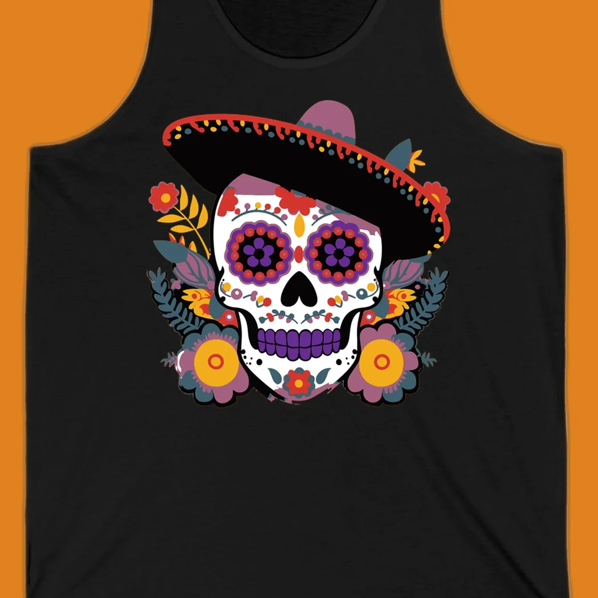 A vibrant calavera with a sombrero, adorned with colorful marigolds and traditional Mexican folk art patterns.