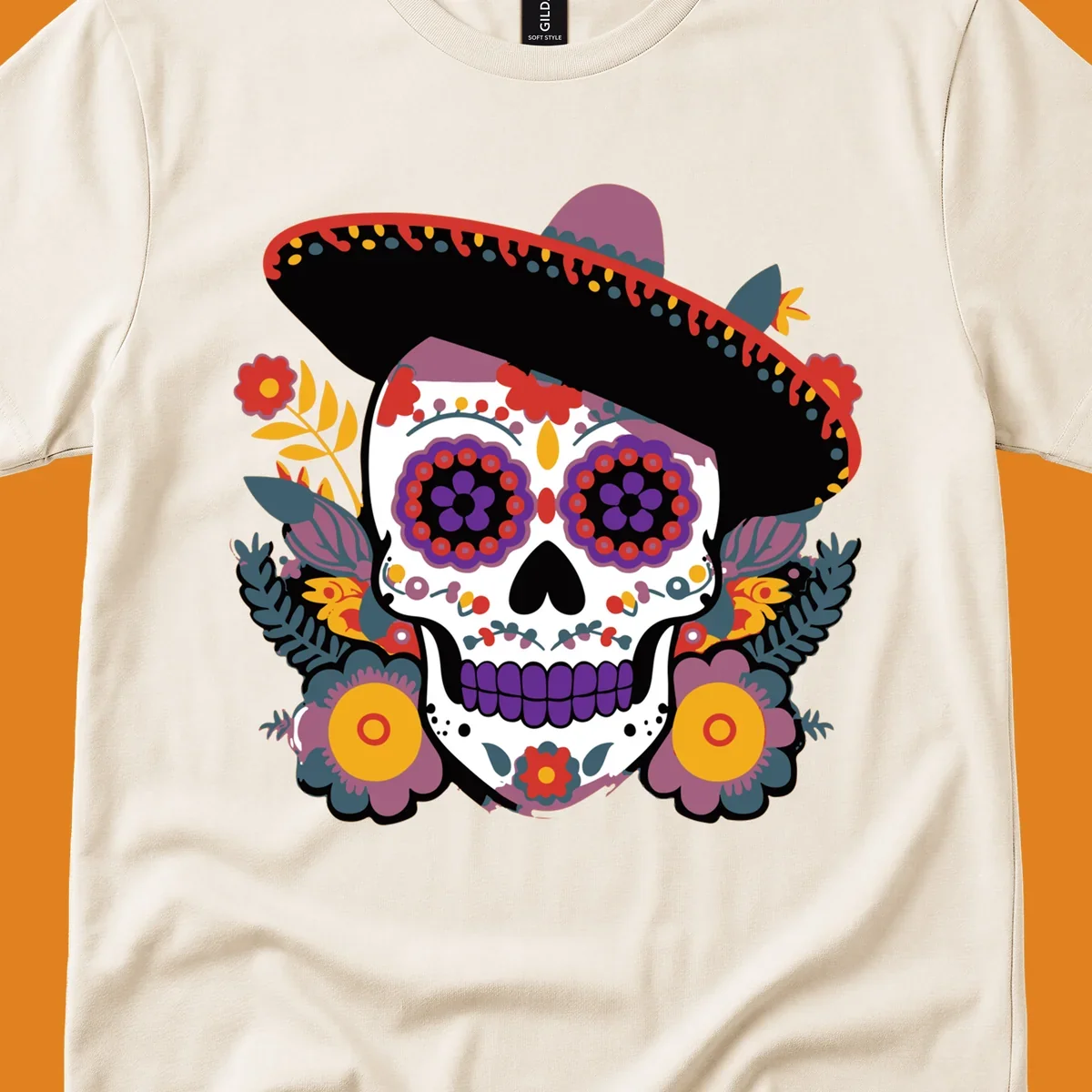 A vibrant calavera with a sombrero, adorned with colorful marigolds and traditional Mexican folk art patterns.