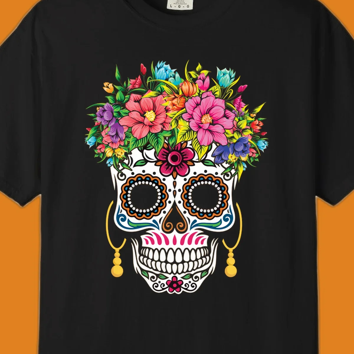 A vibrant floral calavera skull with a large, colorful flower crown and decorative patterns, featuring gold earrings.