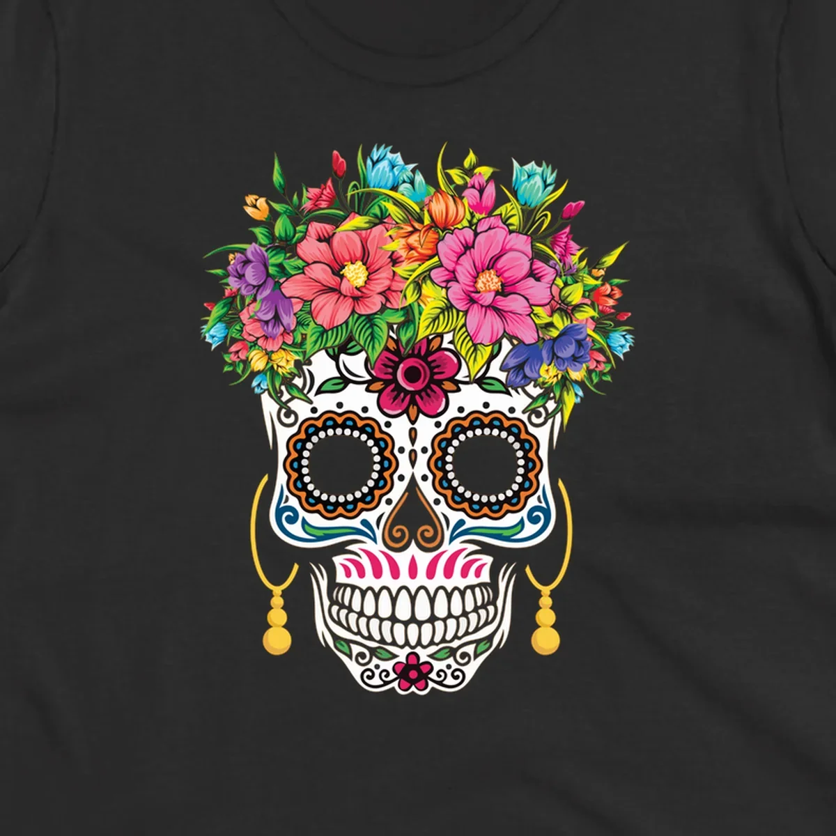 A vibrant floral calavera skull with a large, colorful flower crown and decorative patterns, featuring gold earrings.