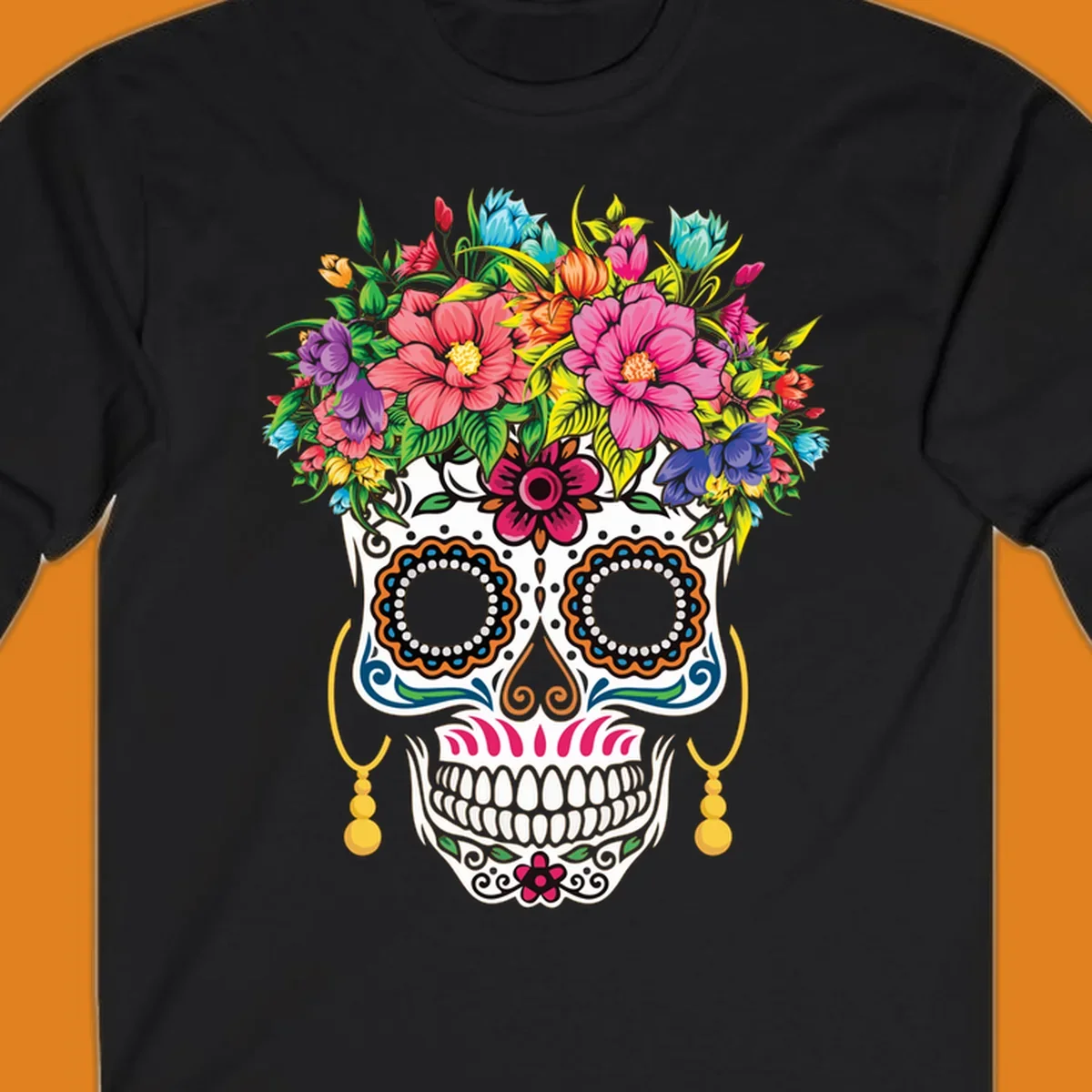 A vibrant floral calavera skull with a large, colorful flower crown and decorative patterns, featuring gold earrings.