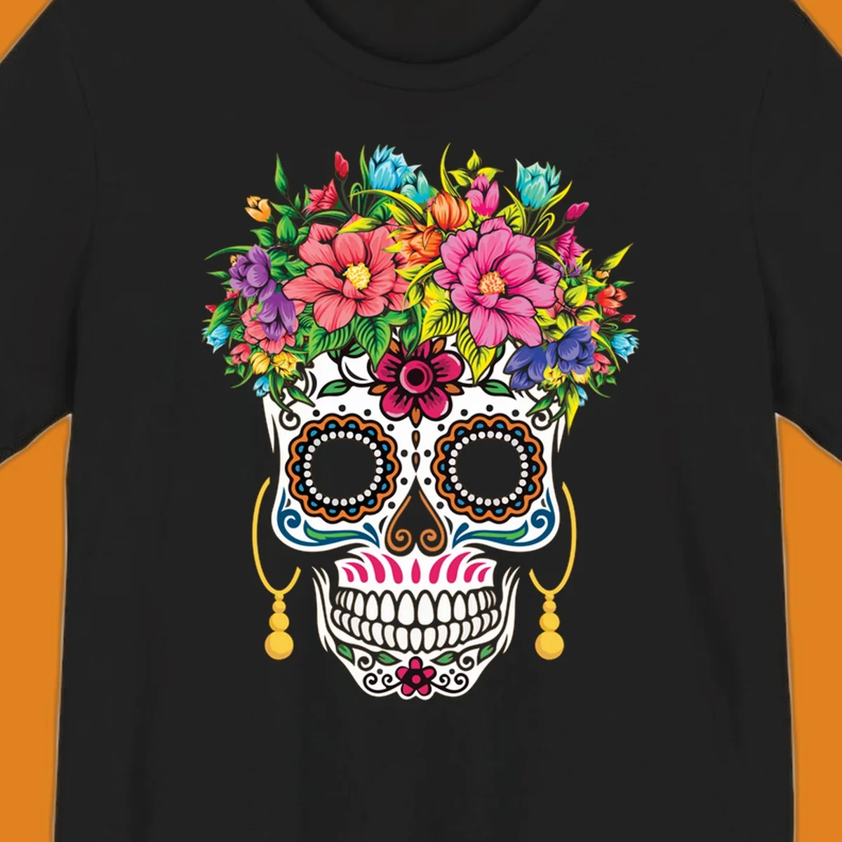 A vibrant floral calavera skull with a large, colorful flower crown and decorative patterns, featuring gold earrings.