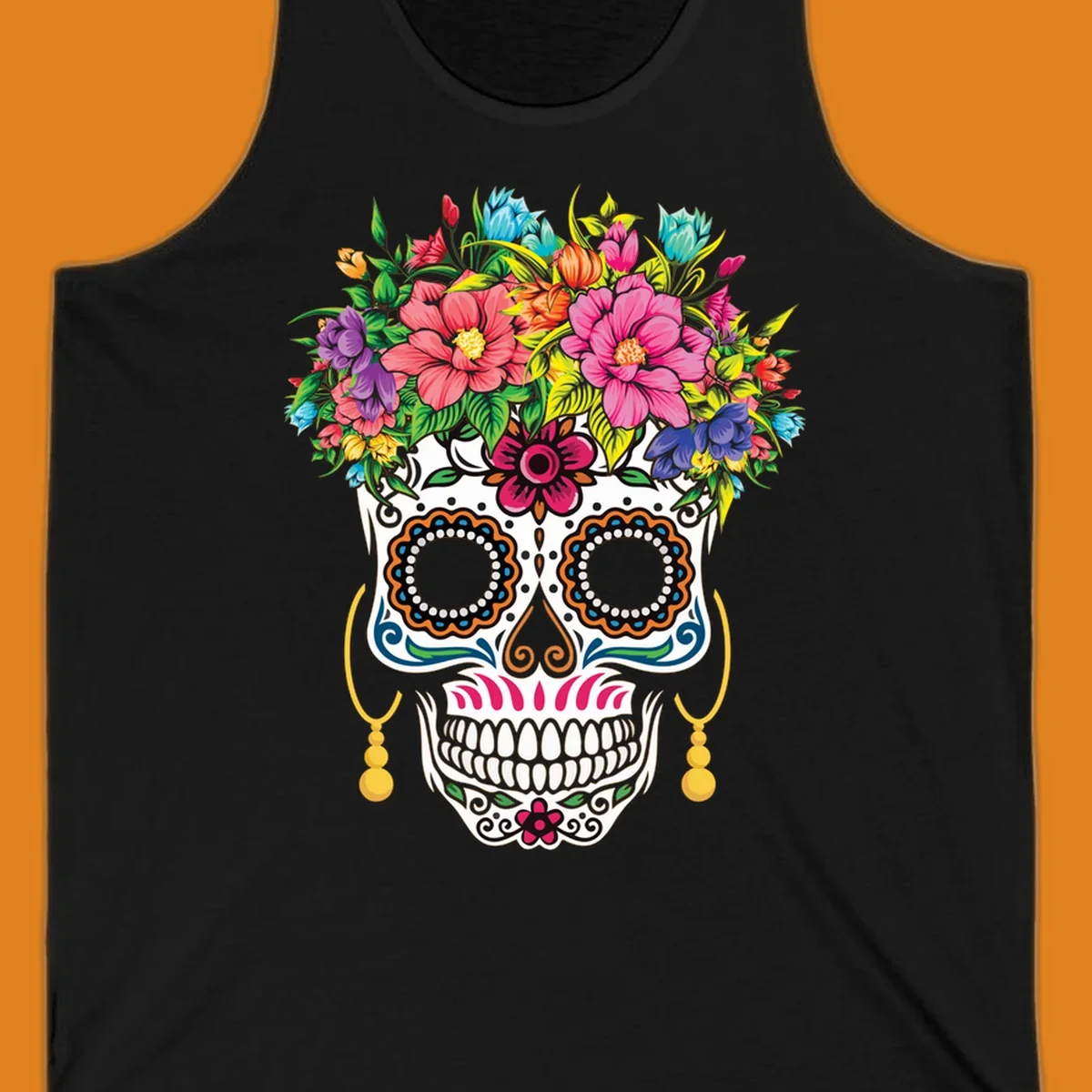 A vibrant floral calavera skull with a large, colorful flower crown and decorative patterns, featuring gold earrings.