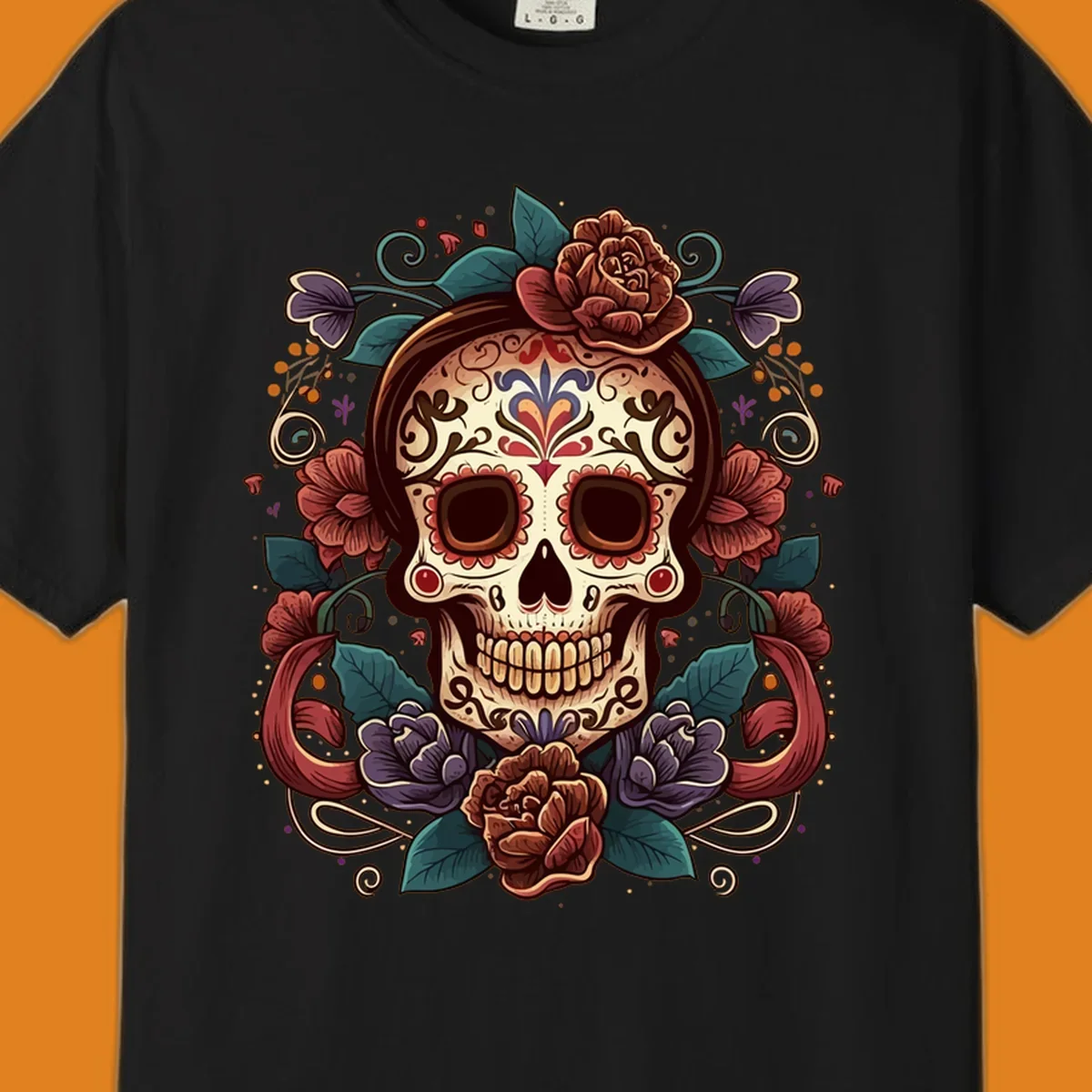 An ornate floral calavera skull with brown hair, red, purple, and teal flowers, and intricate scrollwork.