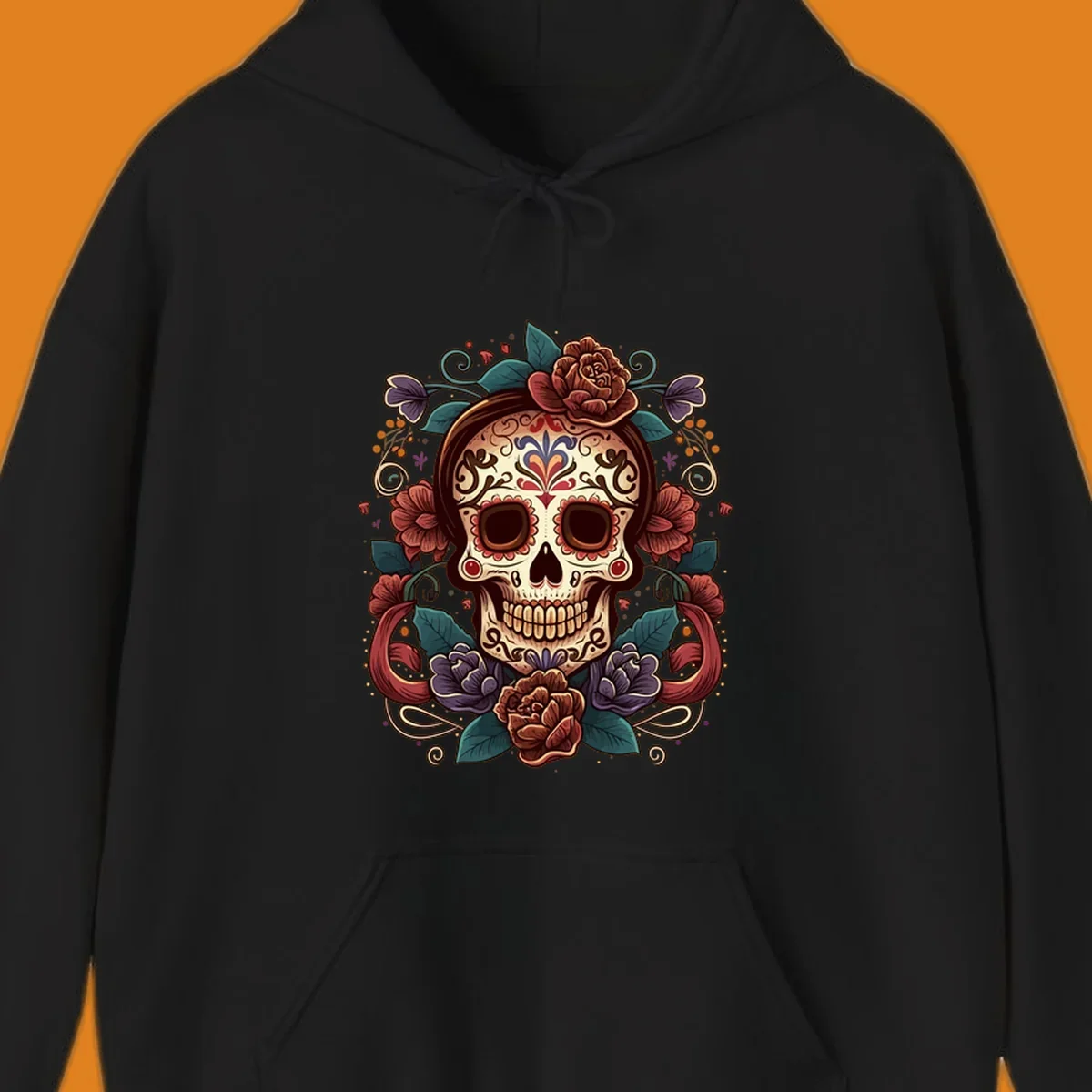 An ornate floral calavera skull with brown hair, red, purple, and teal flowers, and intricate scrollwork.