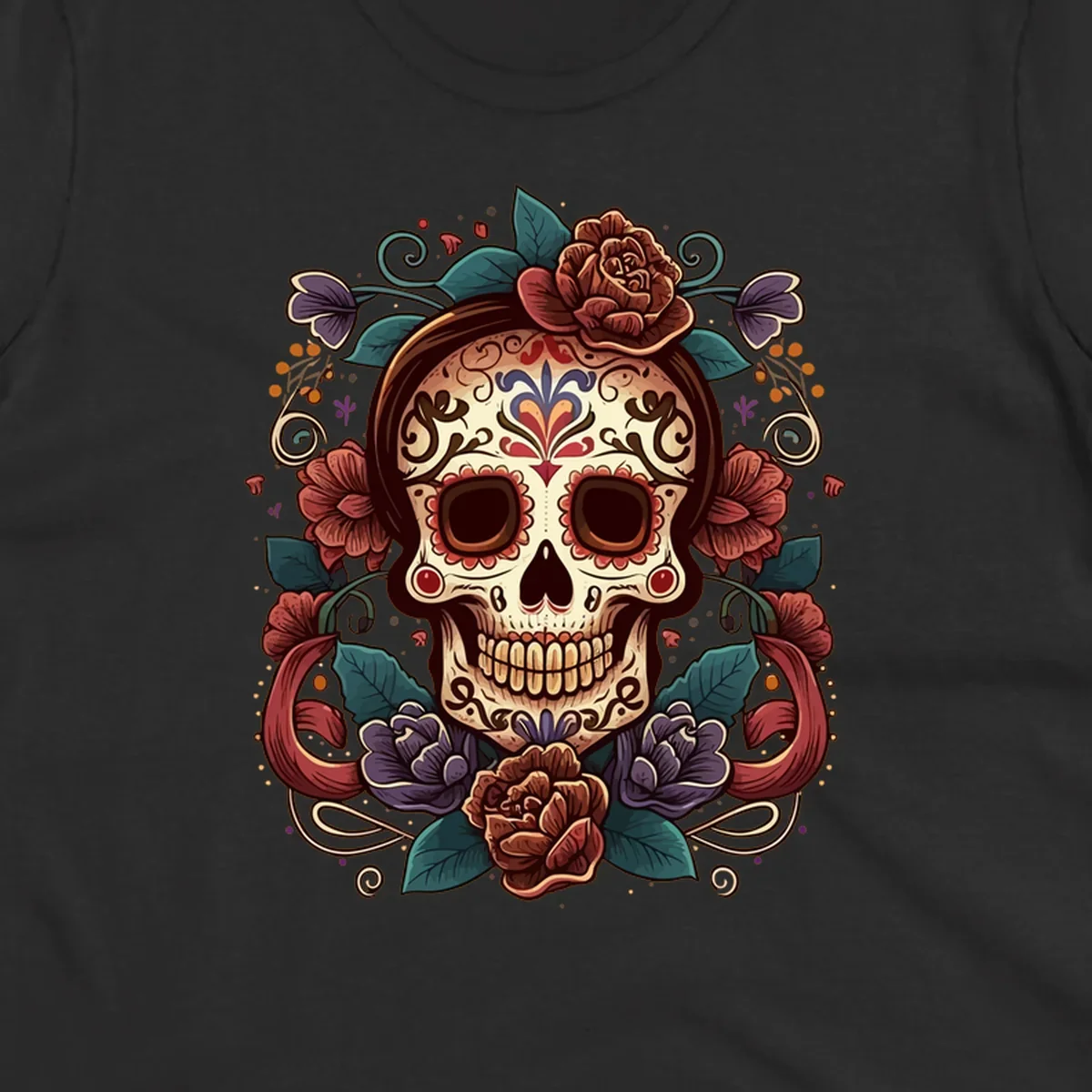 An ornate floral calavera skull with brown hair, red, purple, and teal flowers, and intricate scrollwork.
