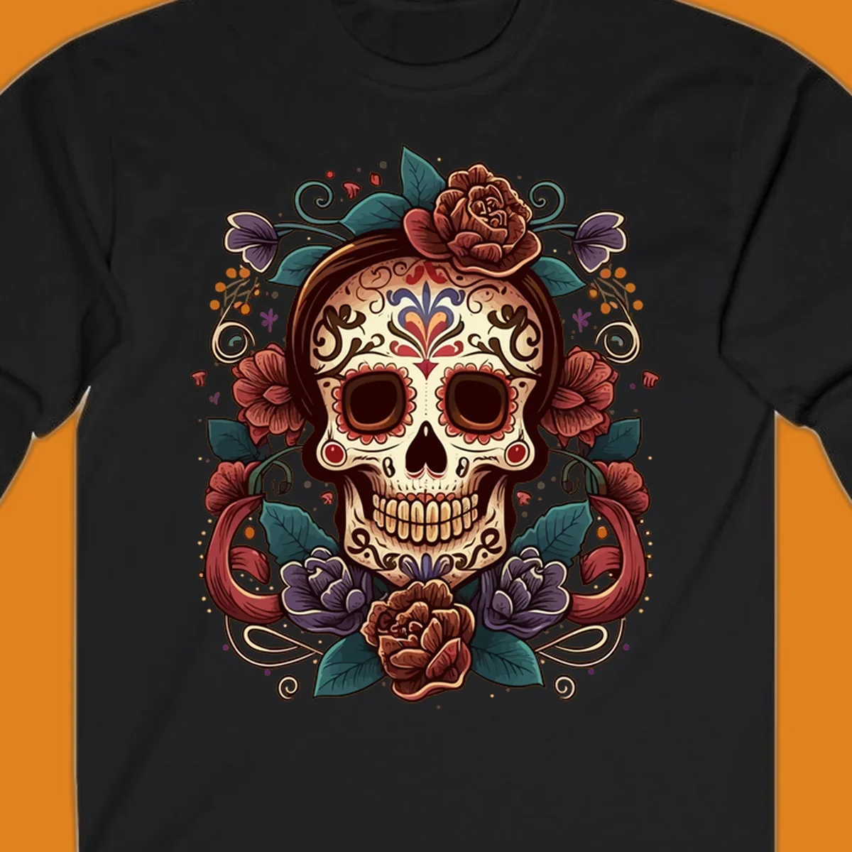 An ornate floral calavera skull with brown hair, red, purple, and teal flowers, and intricate scrollwork.