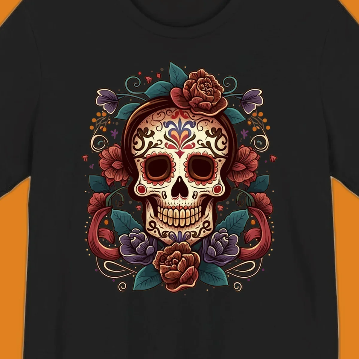 An ornate floral calavera skull with brown hair, red, purple, and teal flowers, and intricate scrollwork.