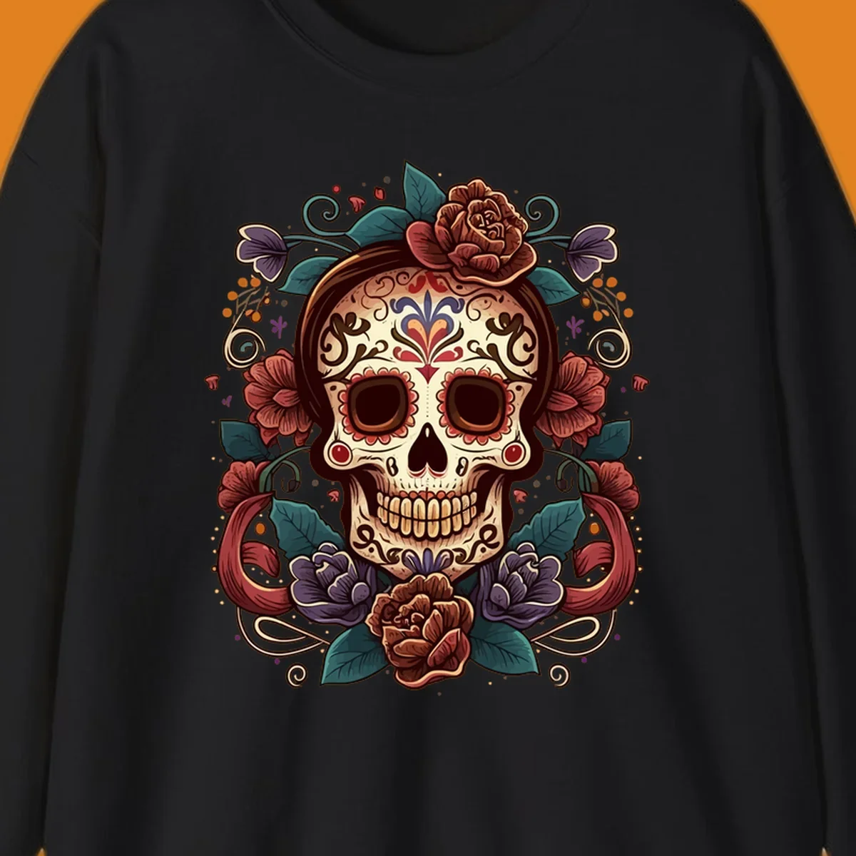 An ornate floral calavera skull with brown hair, red, purple, and teal flowers, and intricate scrollwork.