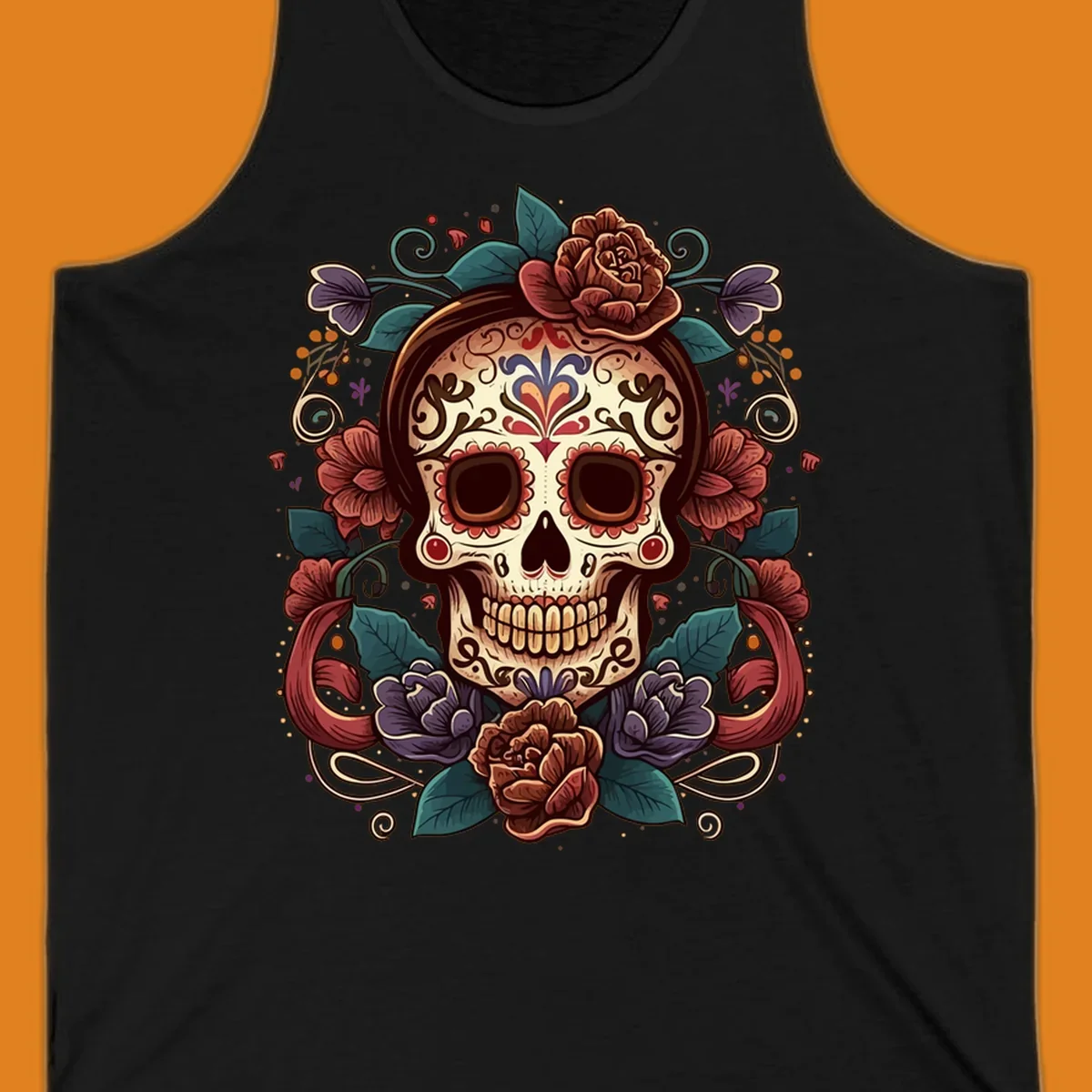 An ornate floral calavera skull with brown hair, red, purple, and teal flowers, and intricate scrollwork.