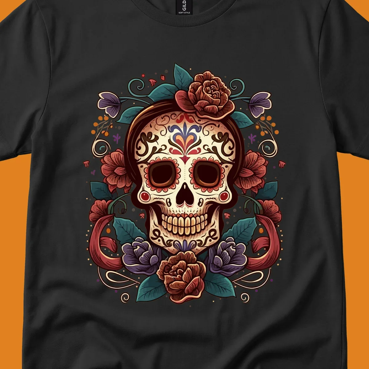 An ornate floral calavera skull with brown hair, red, purple, and teal flowers, and intricate scrollwork.