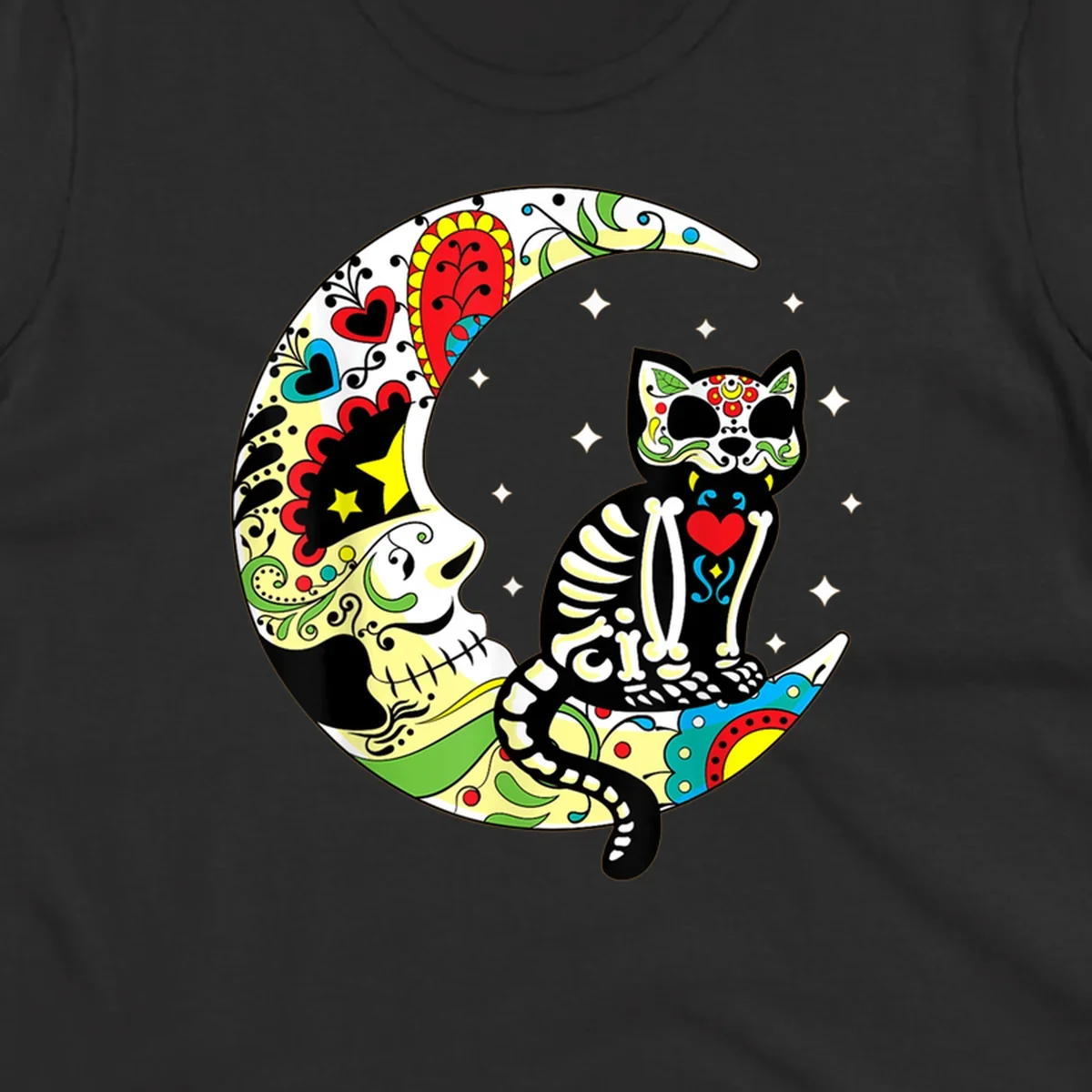 A colorful sugar skull cat with a skeleton body sits on a crescent moon decorated with skull and floral patterns. Features a sugar-skull-cat-moon.