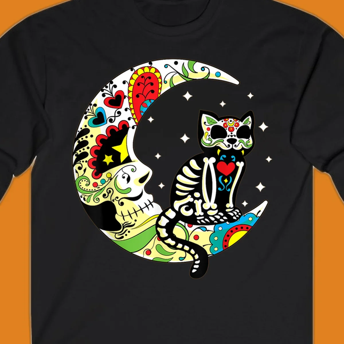 A colorful sugar skull cat with a skeleton body sits on a crescent moon decorated with skull and floral patterns. Features a sugar-skull-cat-moon.