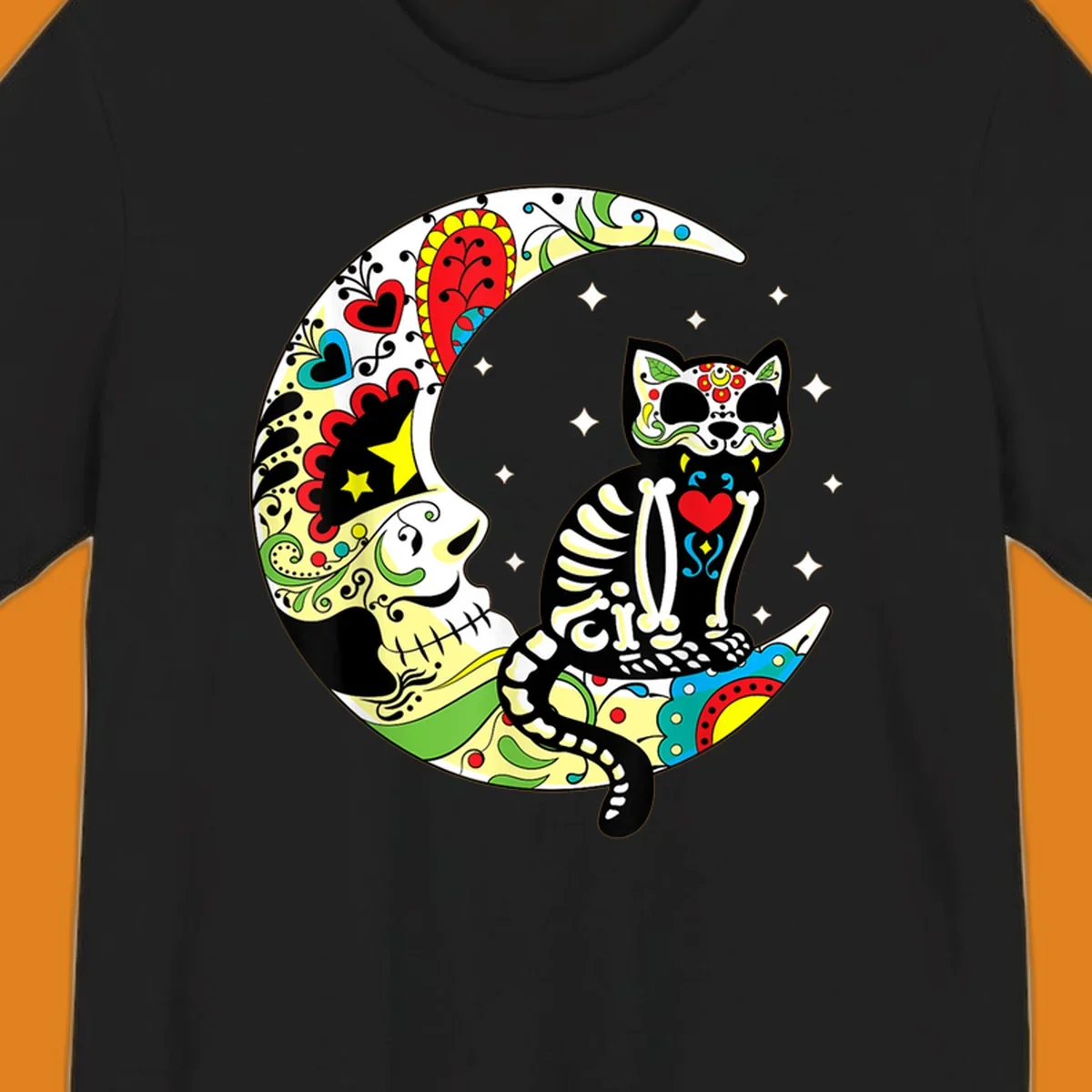 A colorful sugar skull cat with a skeleton body sits on a crescent moon decorated with skull and floral patterns. Features a sugar-skull-cat-moon.