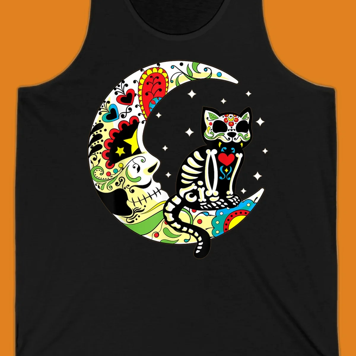 A colorful sugar skull cat with a skeleton body sits on a crescent moon decorated with skull and floral patterns. Features a sugar-skull-cat-moon.