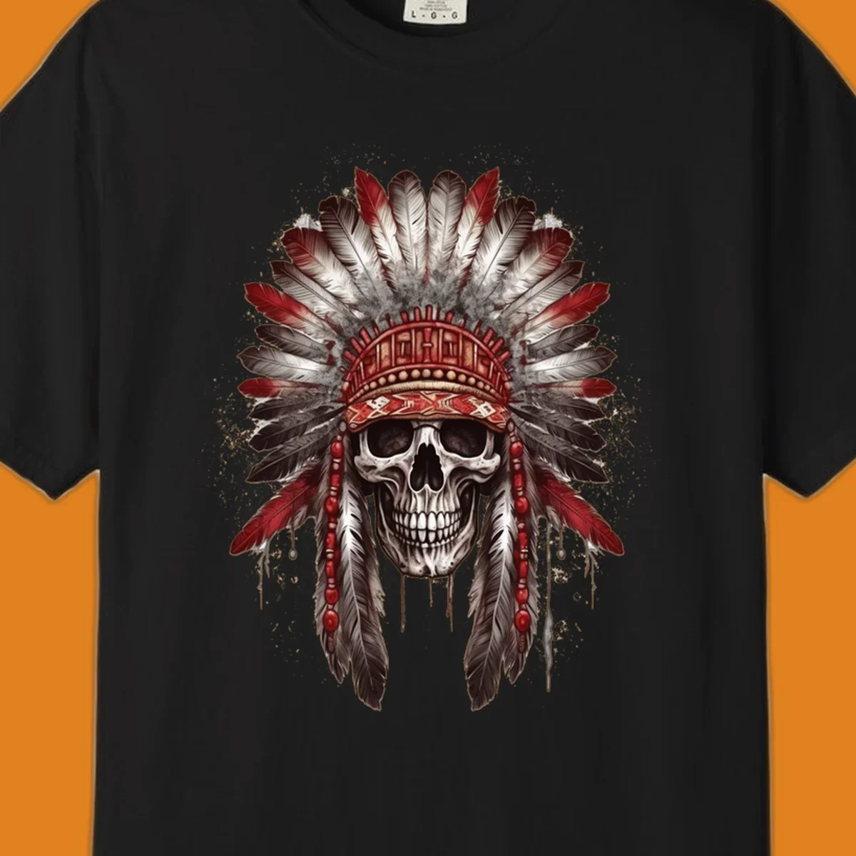 A detailed illustration of a human skull wearing an elaborate red, white, and grey feather headdress. This skull-feather-headdress design is set against a distressed background.