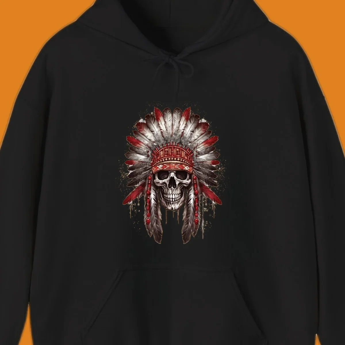 A detailed illustration of a human skull wearing an elaborate red, white, and grey feather headdress. This skull-feather-headdress design is set against a distressed background.