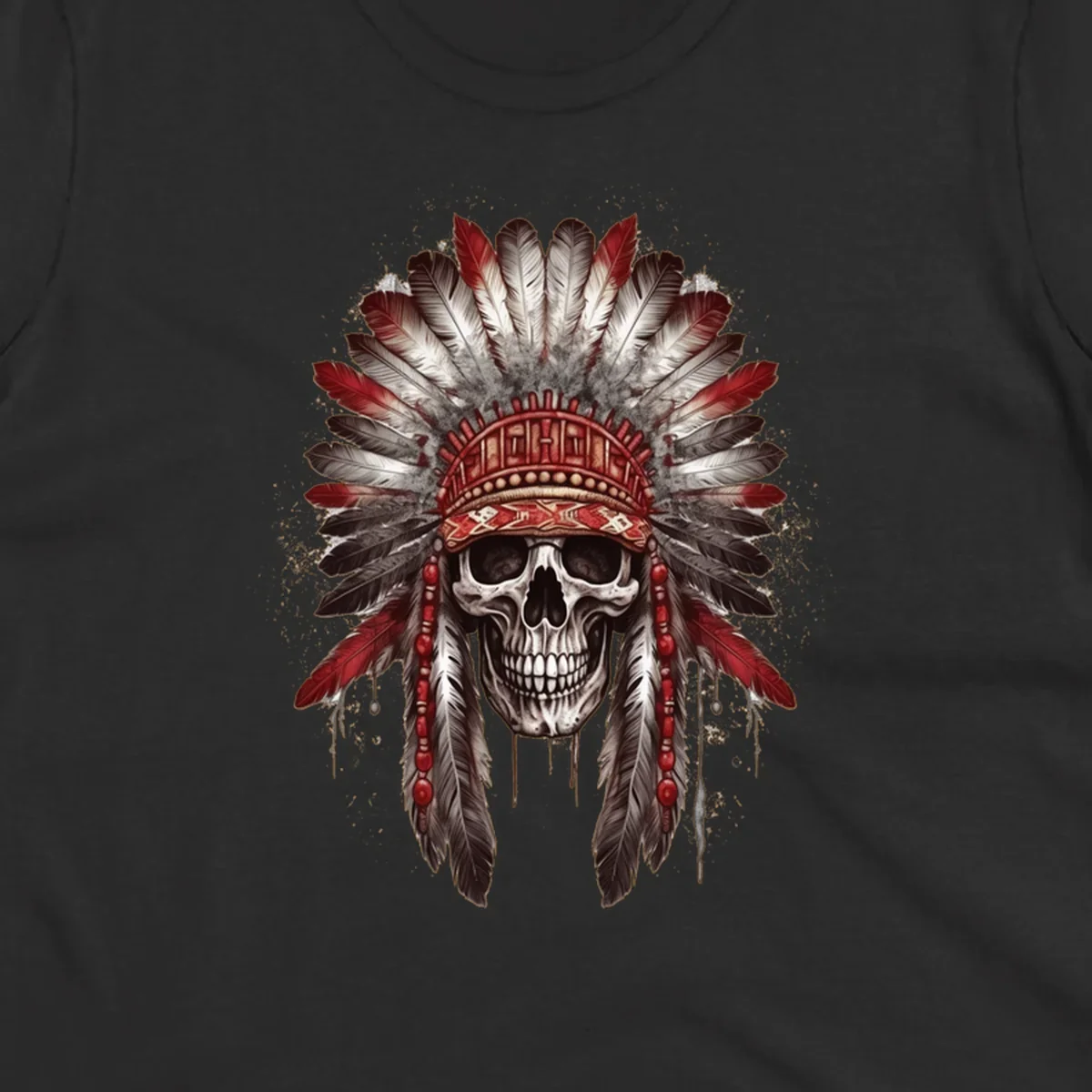 A detailed illustration of a human skull wearing an elaborate red, white, and grey feather headdress. This skull-feather-headdress design is set against a distressed background.